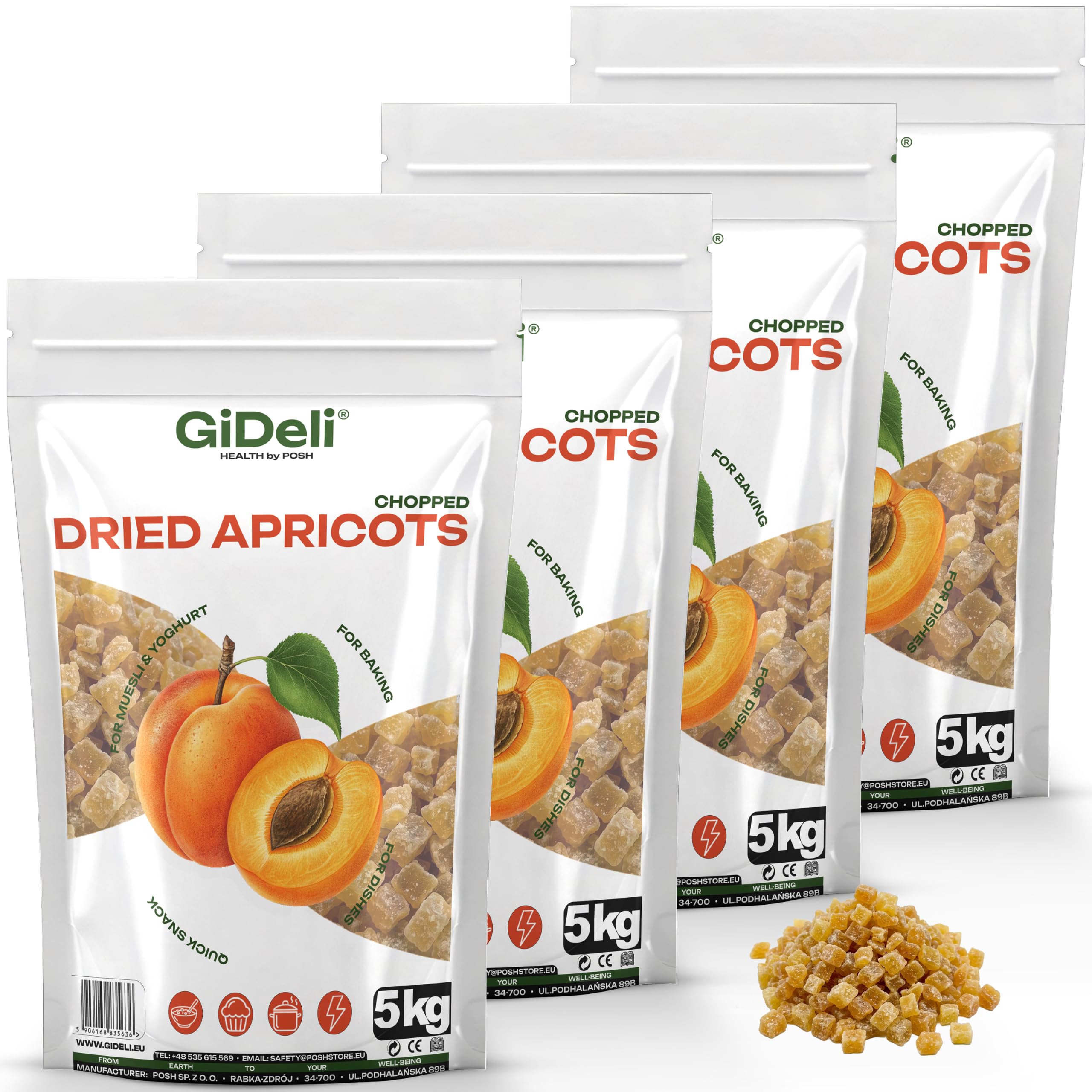 GiDeli Getrocknete Aprikosen 4X5kg Gewürfelt Ohne Zuckerzusatz Für Müsli | hoher Fruchtanteil, klebt nicht dank Reismehl, direkt einsatzbereit, ideal für Müsli, Joghurt und zum Backen
