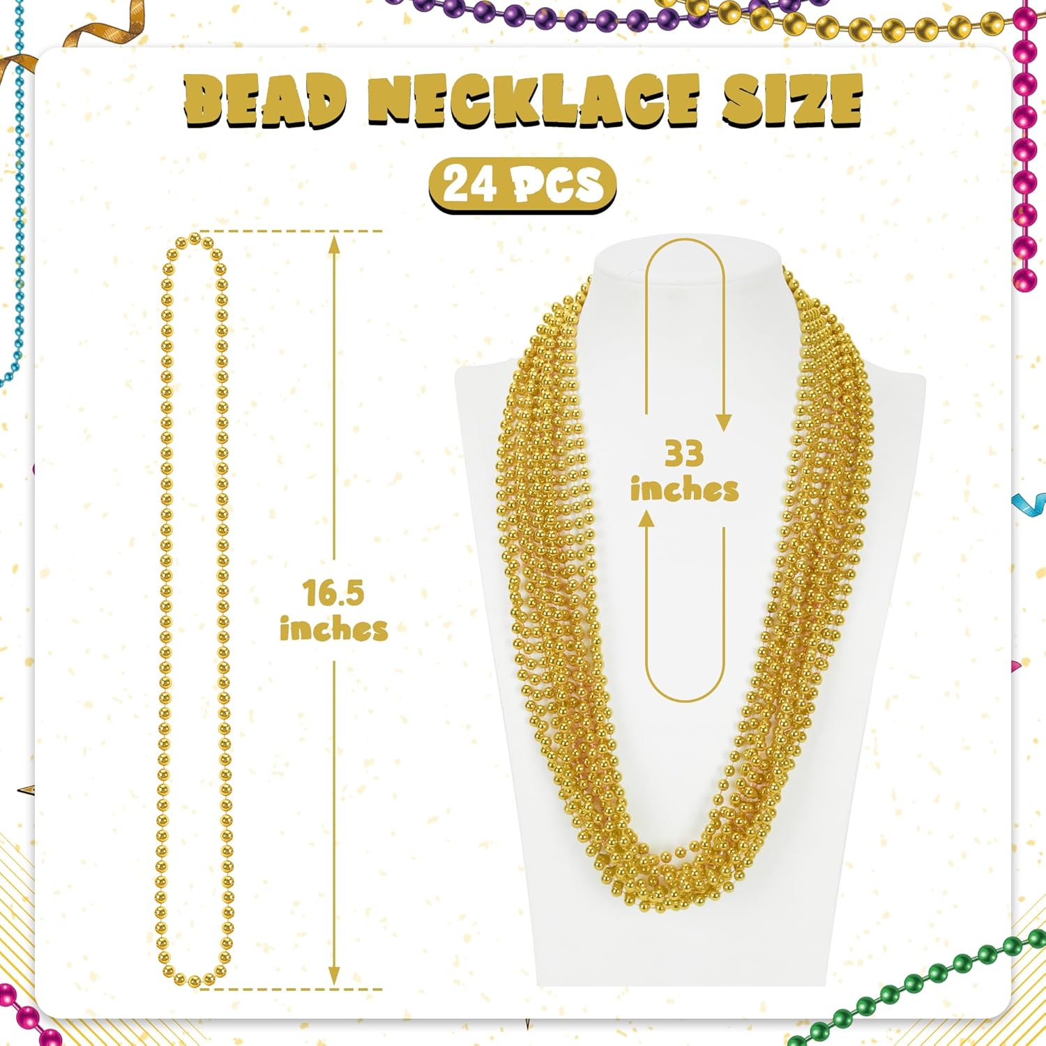 24 PCS Gold Bead Necklace, 33" Mardi Gras Beads Bulk, Mardi Gras Beaded Necklace Accessories, Round Necklaces Parade Throw Beads for Carnival Party Supplies Wedding Birthday - Image 2