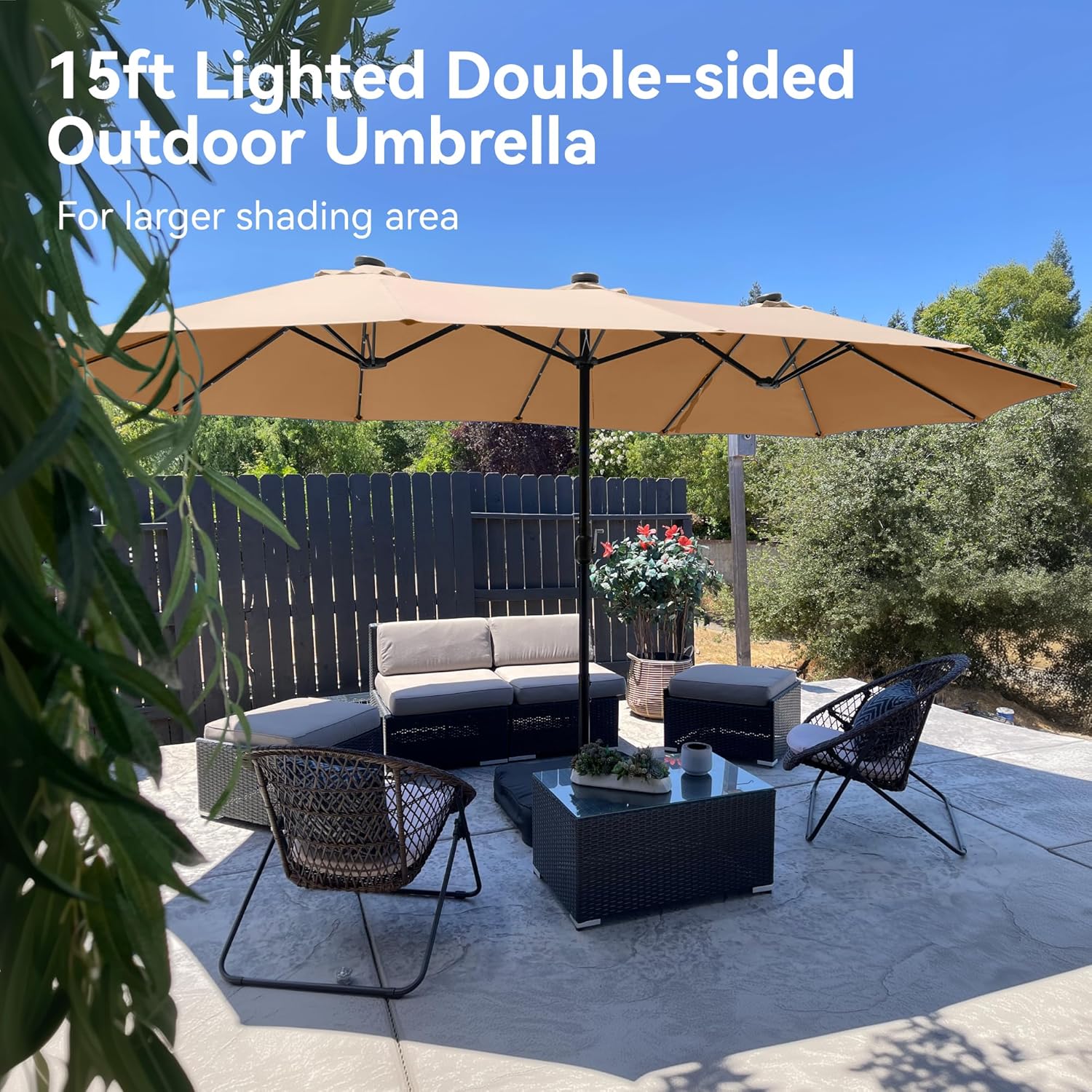 PHI VILLA 15ft Large Patio Umbrella with Base & Solar Lights, Double-Sided Outdoor Rectangle Umbrellas with 36 LED Lights, Umbrella for Outside with Stand, Beige - Image 8