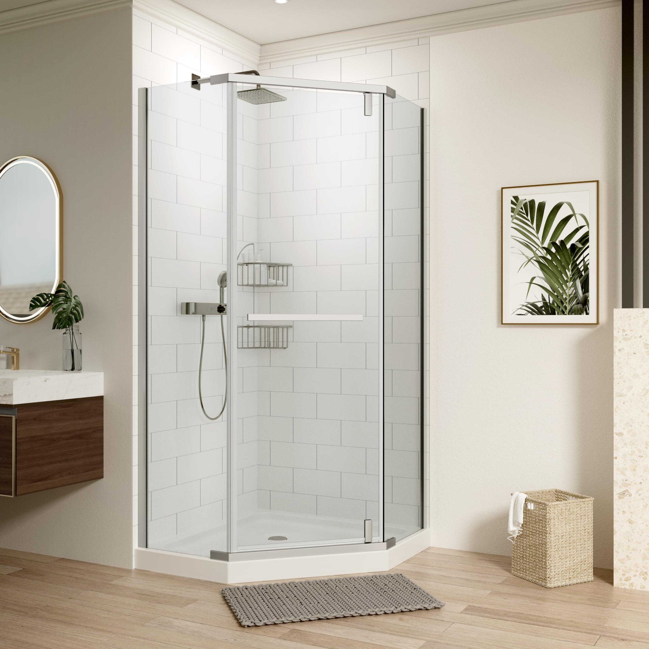 34 3/4~35 9/16" Wx72 in.H Neo-Angle Frameless Shower Door,Corner Shower Enclosure 304 Stainless Steel Handle,Pivot Shower Door 1/4in(6mm) Thick Tempered Clear Glass(Shower Base Not Included)