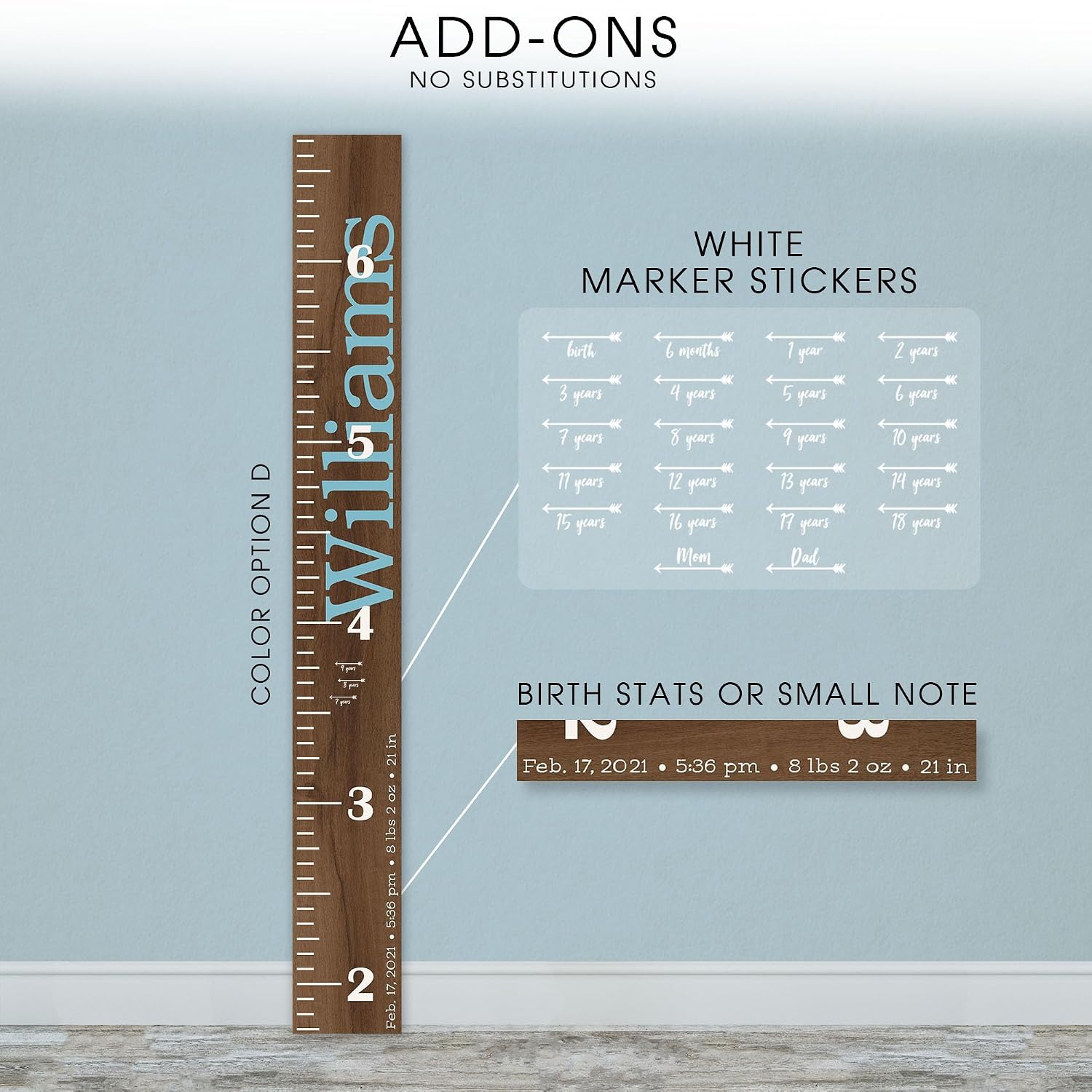 Wooden Kids Growth Height Chart Ruler for Boys and Girls Painted (The Williams) by Back40Life