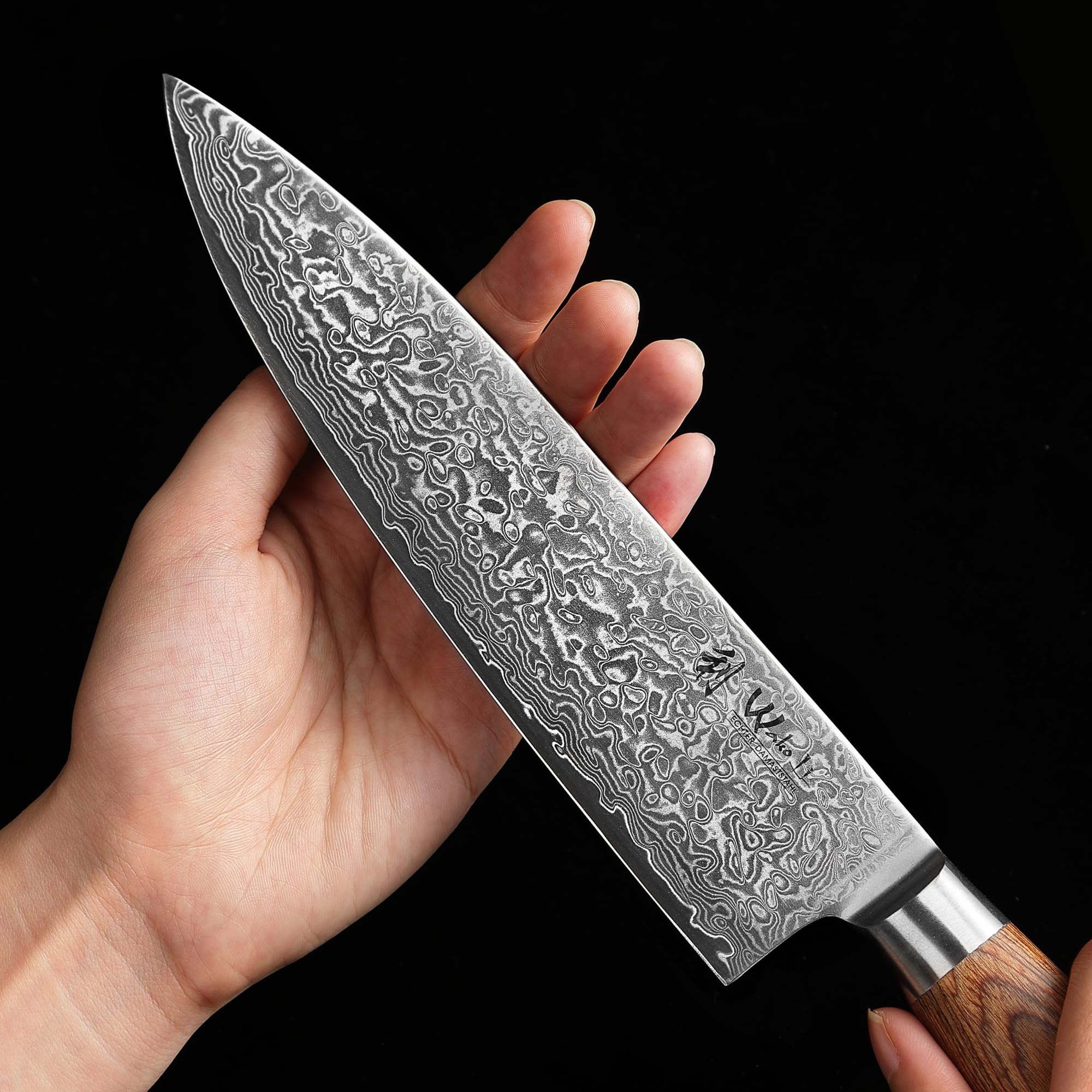 WAKOLI EDIB Pro Couteau Chef de Cuisine Professionnel en Acier Damas 20 cm | lame à 67 couches avec noyau VG10, manche ergonomique en bois de pakka, tranchant précis, pour émincer, hacher et découper
