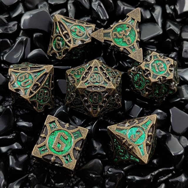 HKDZ 7 Pcs Dnd Dice, Metal Polyhedral Rpg Dnd Dice Set, D&d Dice For Role Playing Game Dungeons And Dragons Dice Mtg Pathfinder D&d Dice Set Green Powder