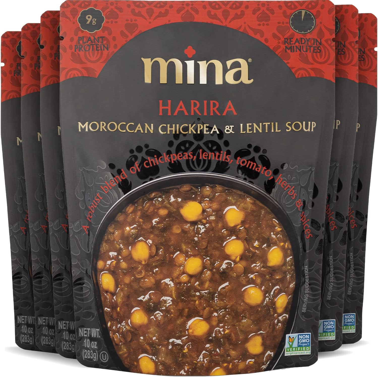 Mina Harira, Moroccan Chickpea & Lentil Soup, Ready to Eat Meals,10 oz Gluten Free Soup, High In Plant Based Protein, Microwavable Soup, Vegan, Non-GMO, Packaged Meals & Side Dishes (Pack of 6)
