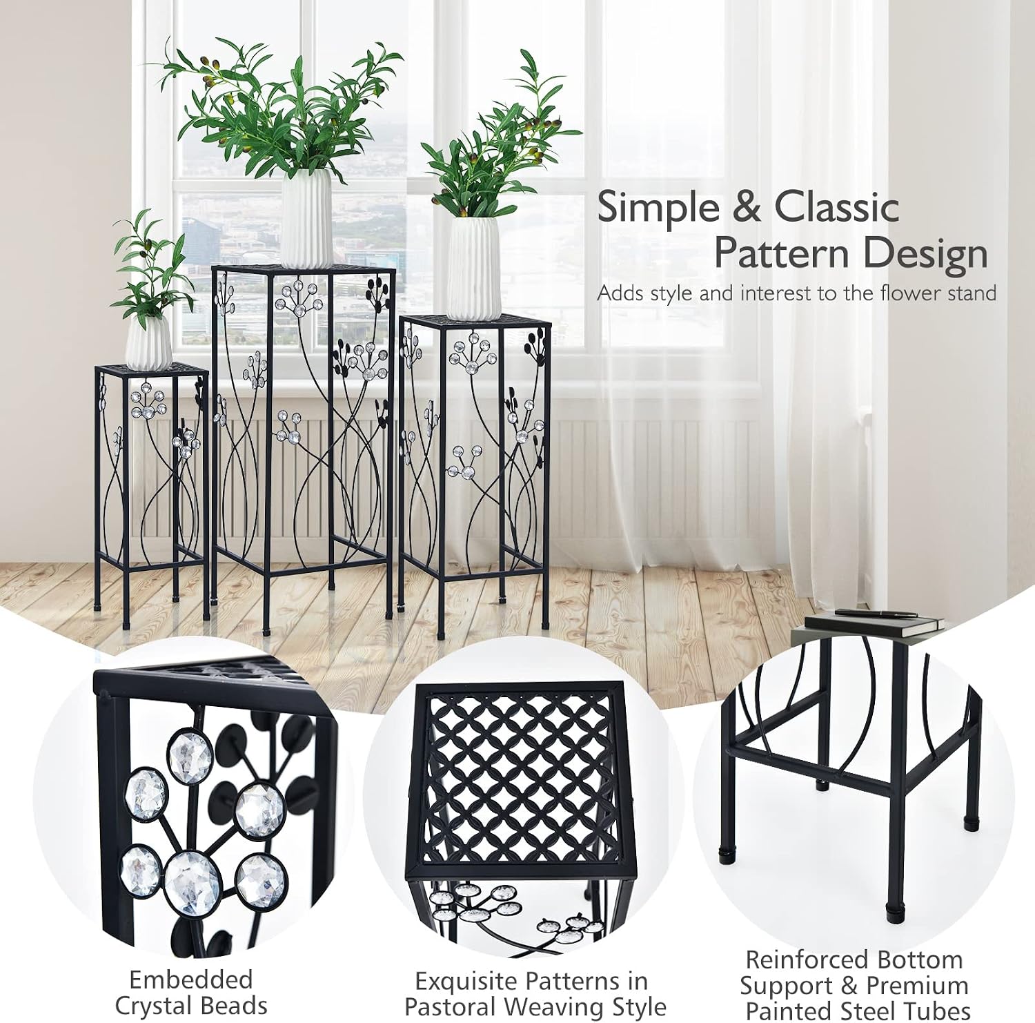 Giantex Set of 3 Metal Plant Stand, 3 Pieces Flower Pots Display Rack with Vines and Crystal Floral Design, Irons Planter Supports End Table for Home Patio Garden (Square)