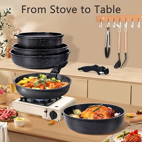 Miniatura 7 de GiPP - Juego de ollas y sartenes de cerámica antiadherentes, mango desmontable, juego de utensilios de cocina, sin PFAS, PFOA y PTFE tóxicos, apto