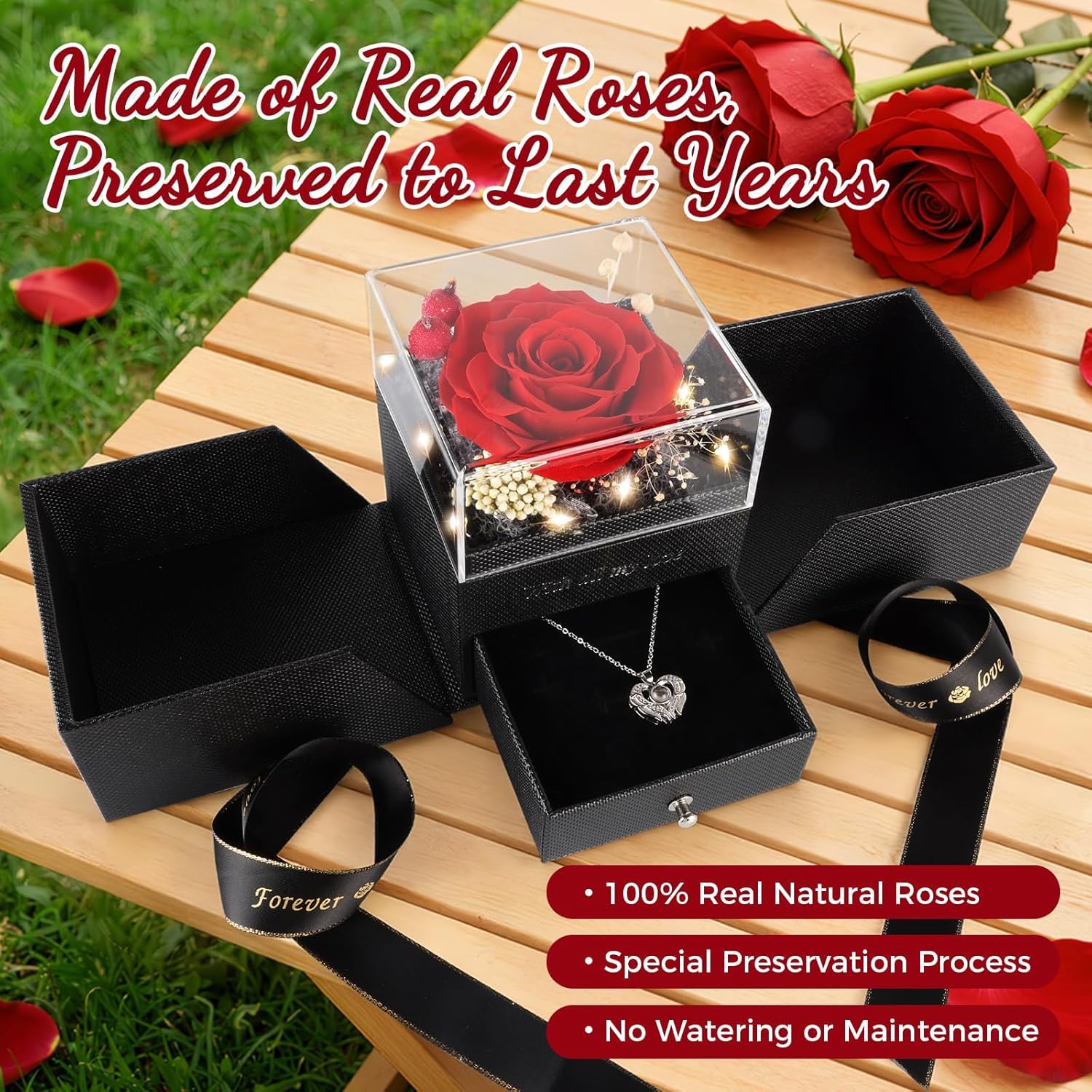 TranquilBliss Preserved Real Red Rose Gift Box with Heart Necklace, “I Love You” in 100 Languages, Romantic Gift for Wife or Girlfriend, Birthday, Anniversary or Special Occasion Gift for Her