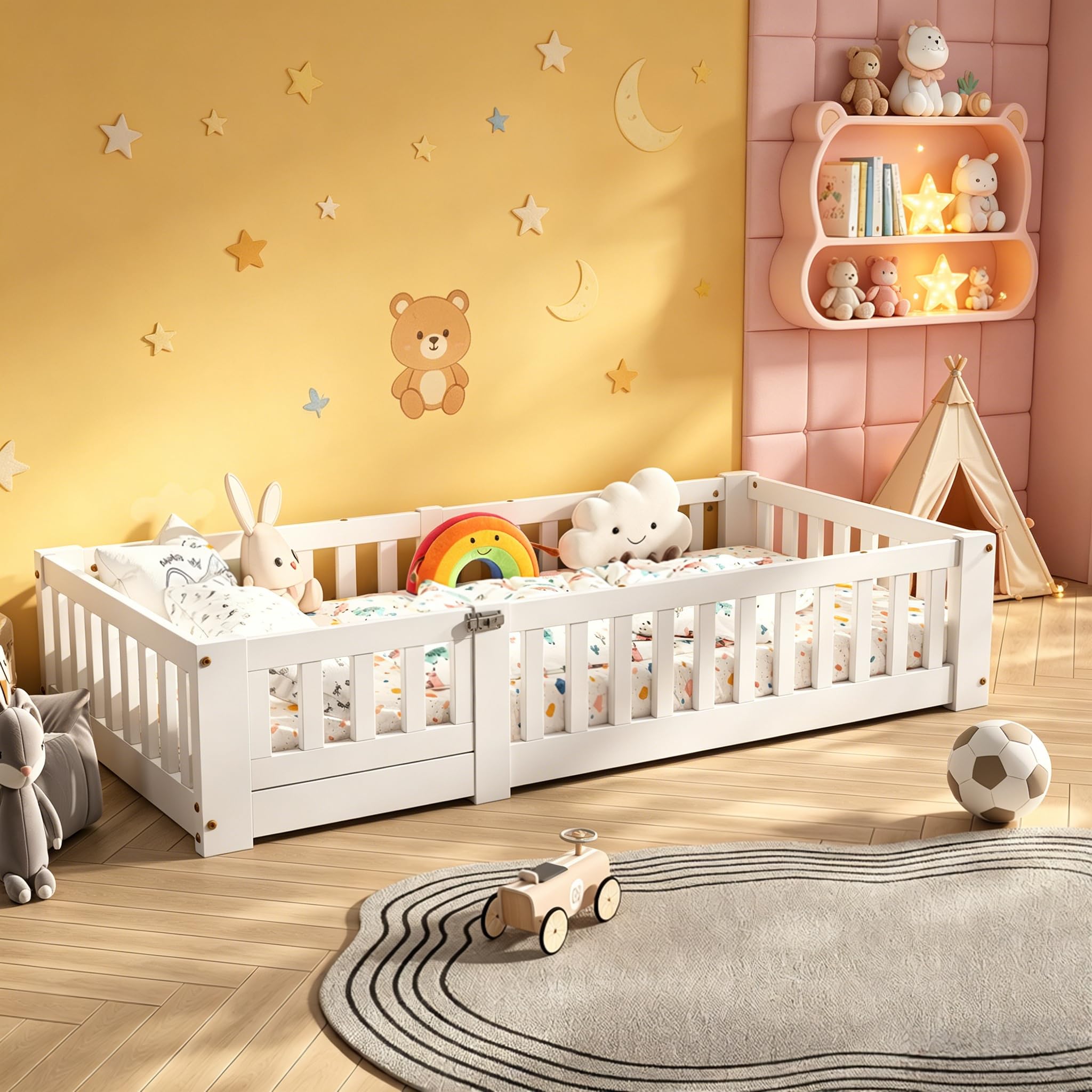 Montessori łóżko dziecięce 90 x 200 cm z zabezpieczeniem przed upadkiem, Cama Suelo z Barandilla de Seguridad, Camas para Niños y Niñas, rama z litego drewna sosnowego, biała (120 x 200 cm)