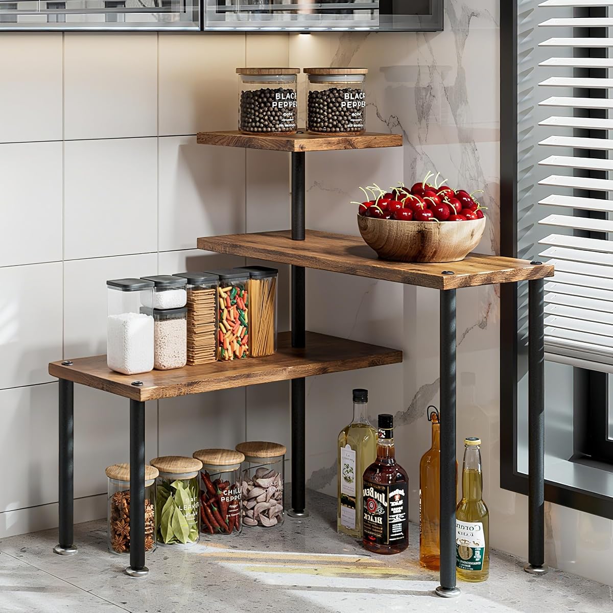 3 Tier Adjustable Countertop Organizer Corner Shelf | Countertop Organizer and Storage Rack for Kitchen, Bathroom, Over Sink, Coffee Bar, Spice Rack, Dresser Table