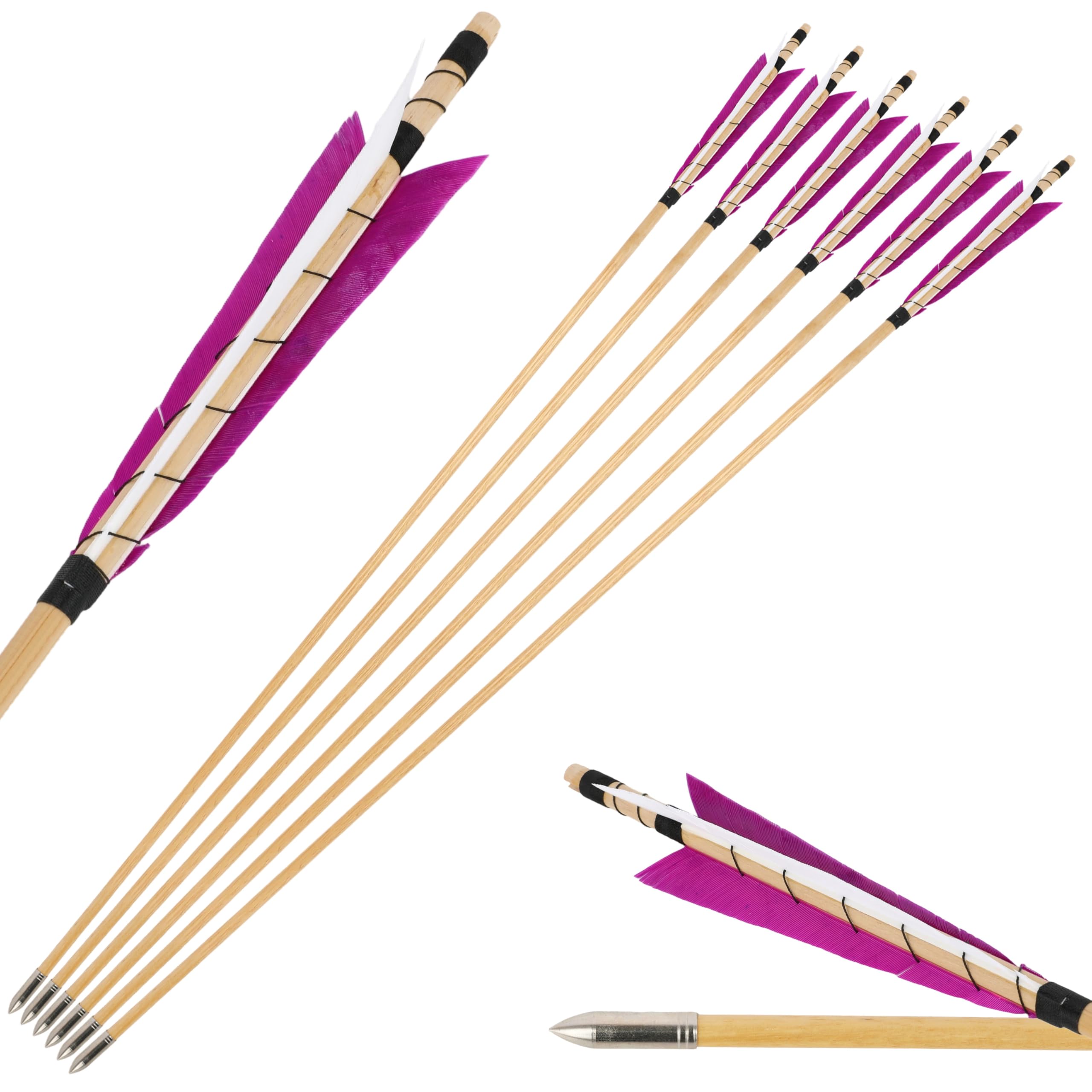 SHARROW Archery Wooden Arrows Traditional Handmade Hunting Practice Target Arrow Wood Shaft with 5" Turkey Feathers Metal Arrowheads for Recurve Bow Longbow (Purple, 12pcs)