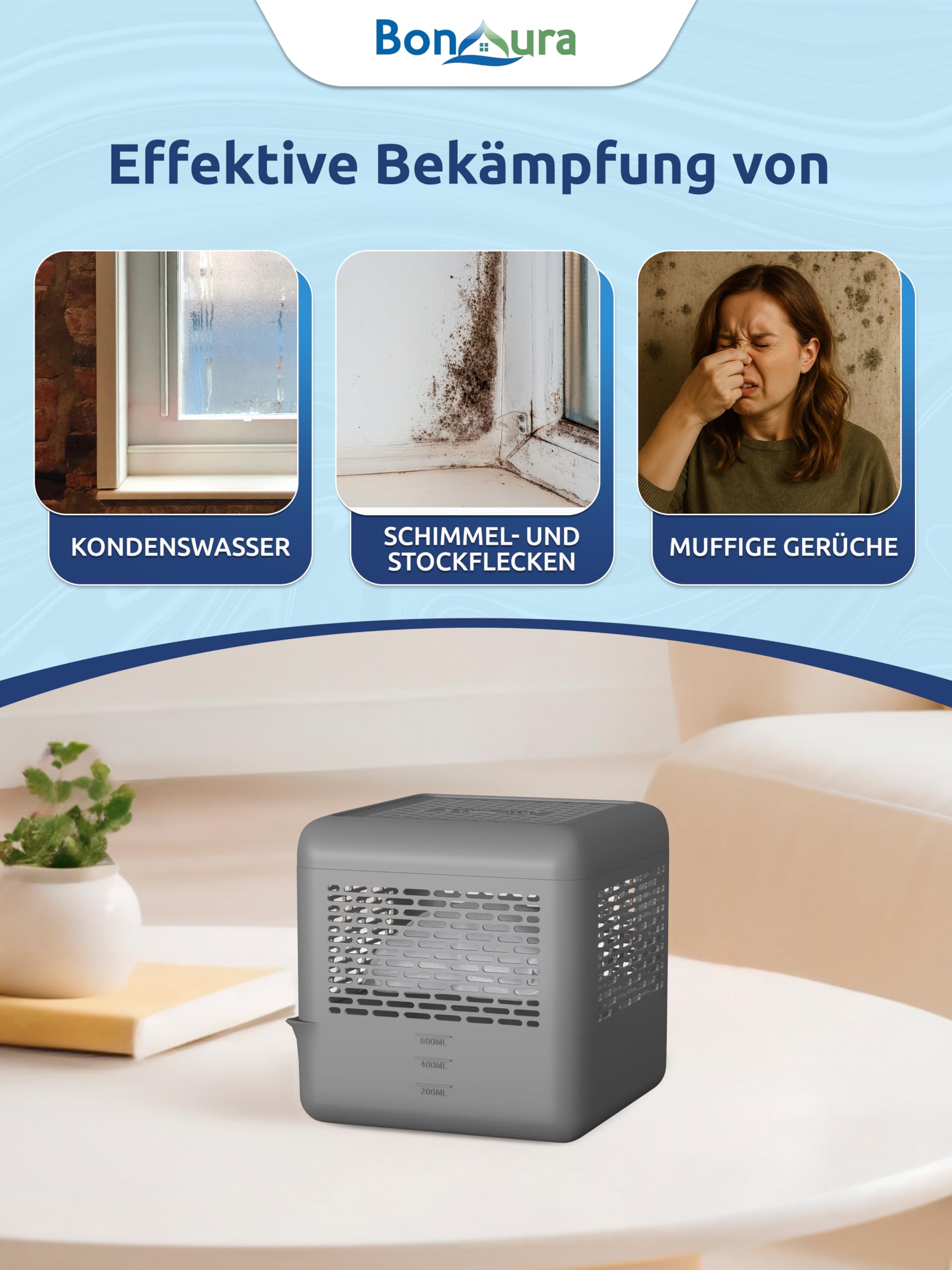 BonAura 4 x osuszacz powietrza bez prądu + 8 x 400 g nawilżacz powietrza w opakowaniu uzupełniającym – osuszacz powietrza do 40 m² do piwnicy, łazienki i wielu innych – granulat do osuszania i