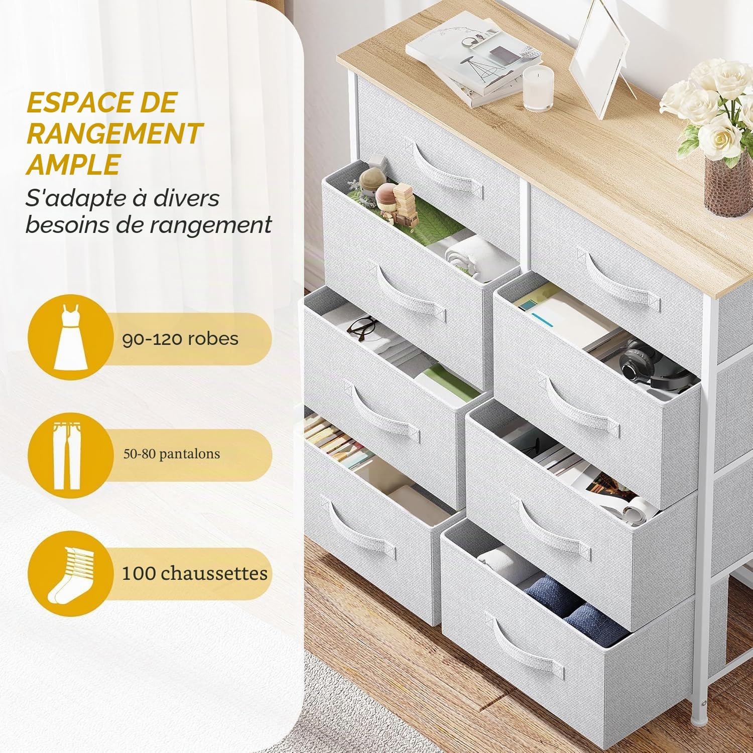 YITAHOME Commode, 8 Tiroirs en Tissu Commode Chambre Meuble de Rangement,Cadre en Métal,Style Moderne,pour Chambre à Coucher, Salon,Gris Clair