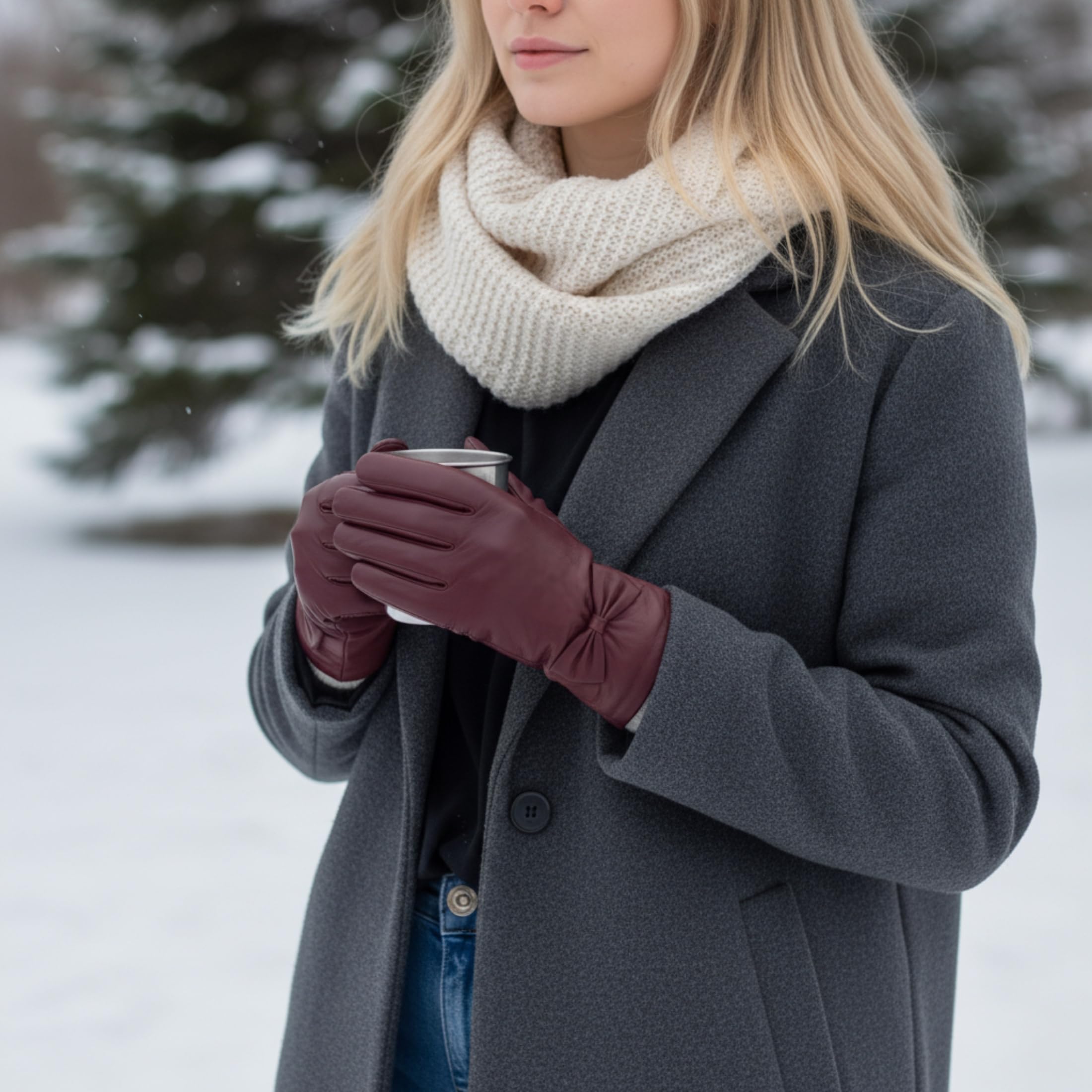 Infinity Leather Guantes de Invierno de Piel Italiana Para Mujer Forrados de Lana, Compatibles con Pantallas Táctiles, Resistentes al Agua y Con Diseño de Lazo.
