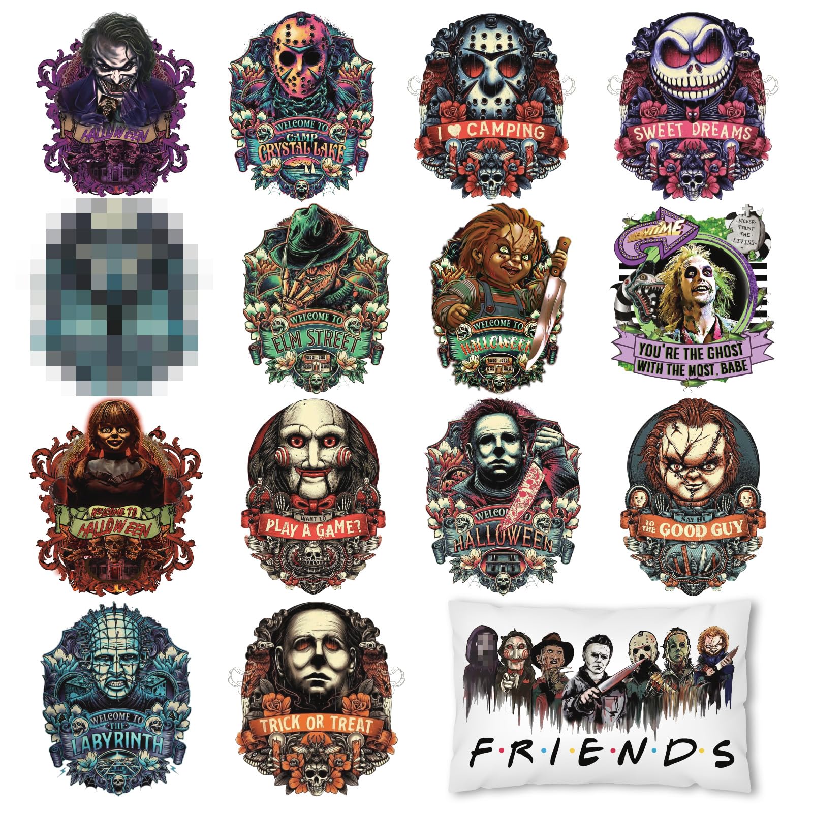 AnyDesign 15 Sheet Halloween Heat Transfer Vinyl Stickers Horror Movie Characters Iron on Vinyl HTV Patches Halloween Friends Iron on Transfer Stickers for Scary Movie Lovers Fabric T-Shirts DIY Craft