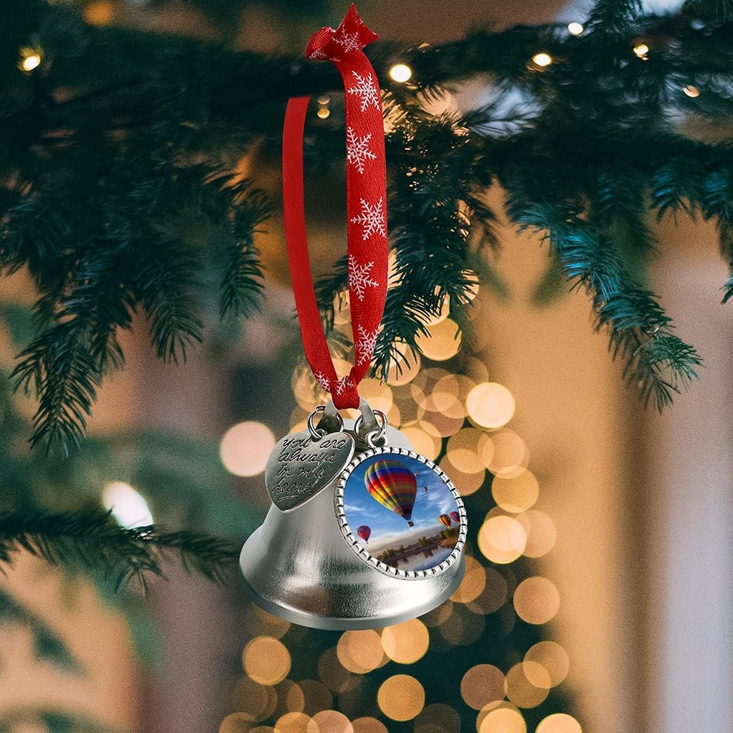 Christmas Bell,Christmas Tree Decorations with Heart Charms,Hot Air Balloonprinted Jingle Bell Hanging Ornament for Christmas Holiday Decoration