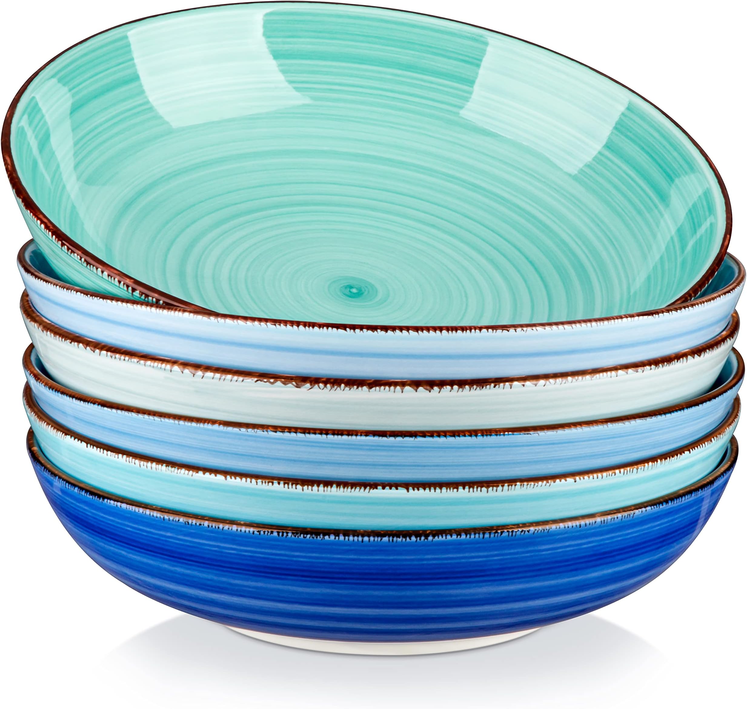 vancasso Bonita 38 oz Ceramic Pasta Bowls Set of 6, Microwave & Dishwasher Safe, 8.5 Inch Elegant Shallow Bowls Set for Pasta, Salad, & Soup – Large Capacity Pasta Plates Sets, Blue
