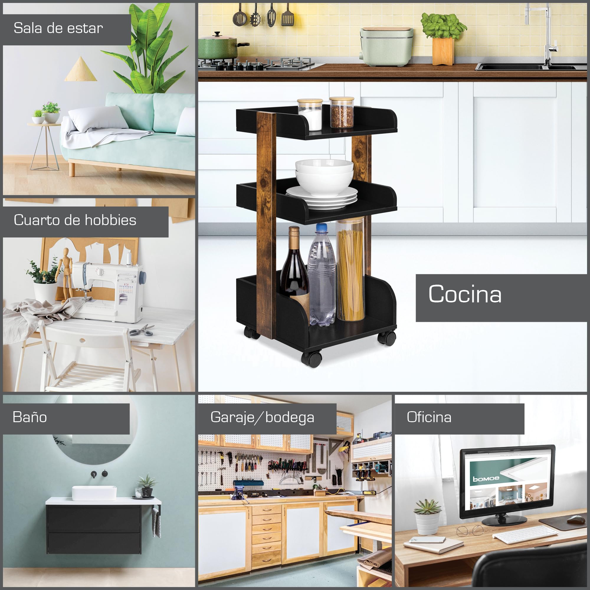 bomoe Carro de Cocina con 4 Ruedas bloqueables y 3 estantes Bosse - Madera FSC® Carro para Servir Carro para Manualidades Mesa Mueble Auxiliar Cocina 32x35x69cm Negro y Marrón