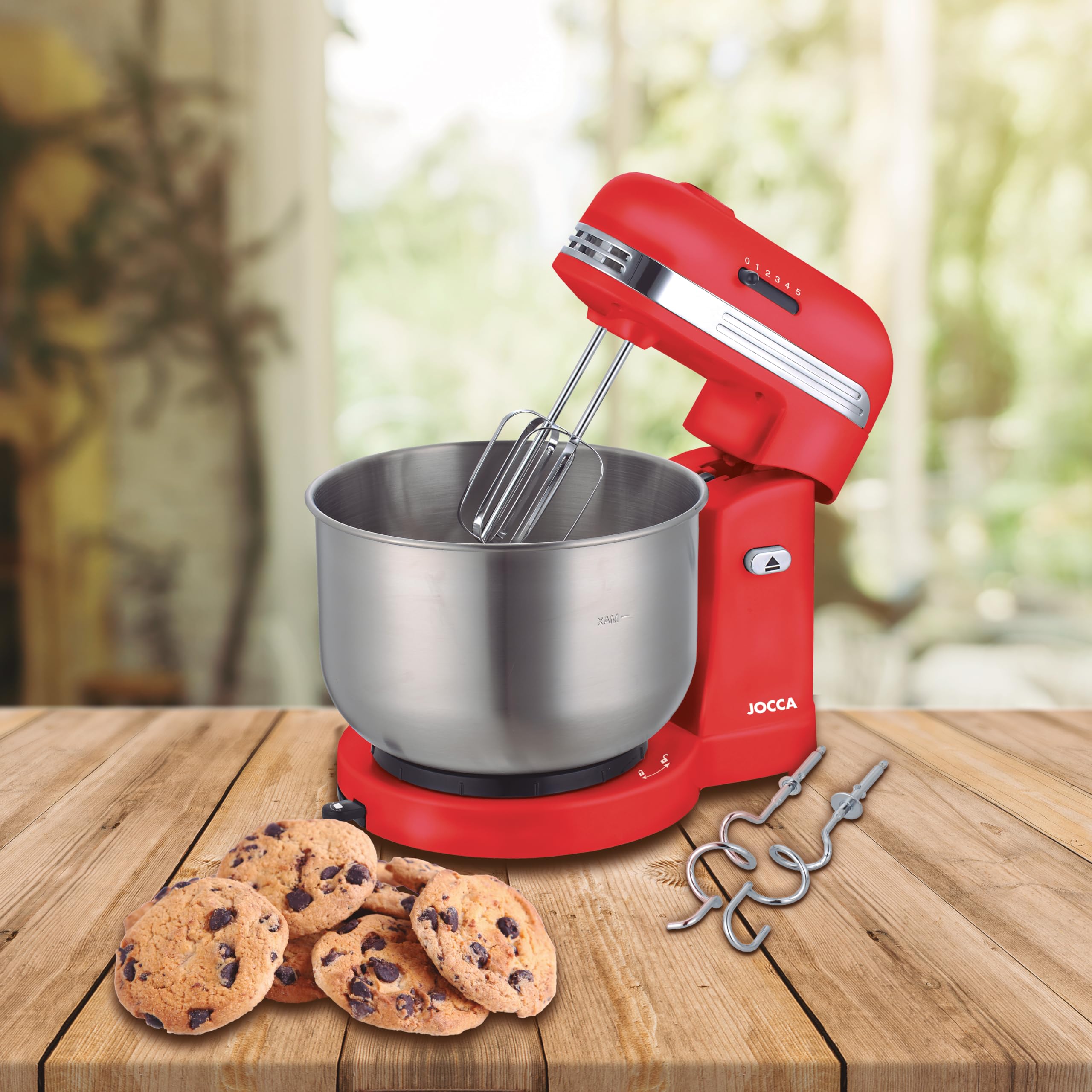 Jocca - Batidora Amasadora 350W con Bowl Acero Inoxidable 3,5L, 5 Velocidades, Sistema Autorrotacion por Friccion, Varillas para Batir y Amasar, Rojo