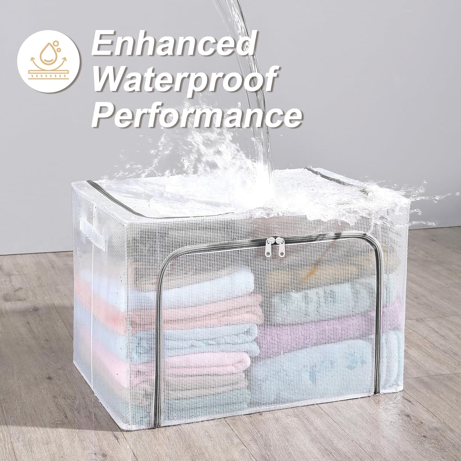 Amiya 3-Pack Clear Plastic Storage Boxes with Metal Frame, 66L Foldable Clothes Organizer Bins with Lids, Stackable Waterproof Containers for Bedroom, Closet, Garage, Zippers, Handles