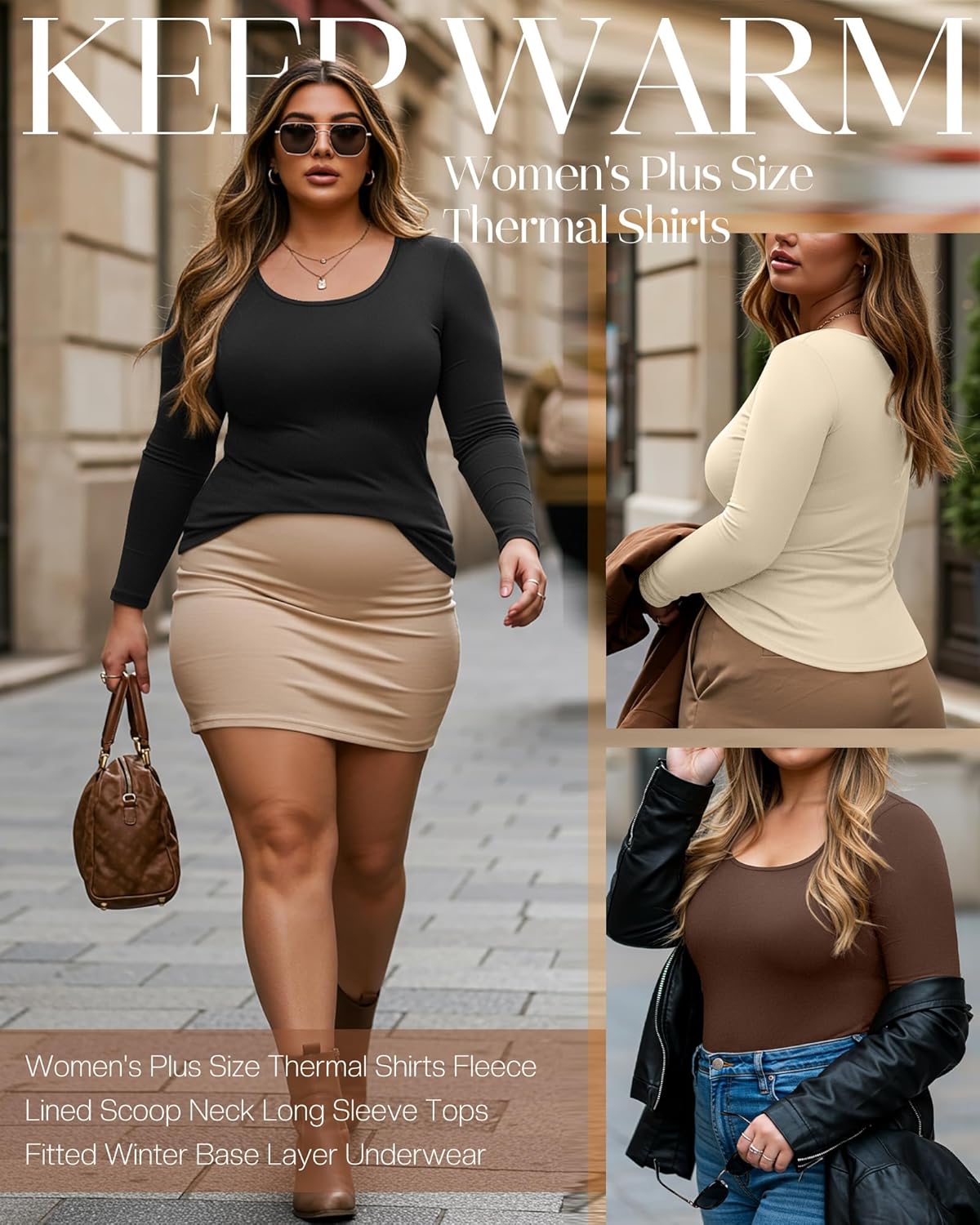 Ficerd 3 Pack Women's Plus Size Thermal Shirts Fleece Lined Scoop Neck Long Sleeve Tops Fitted Winter Base Layer Underwear