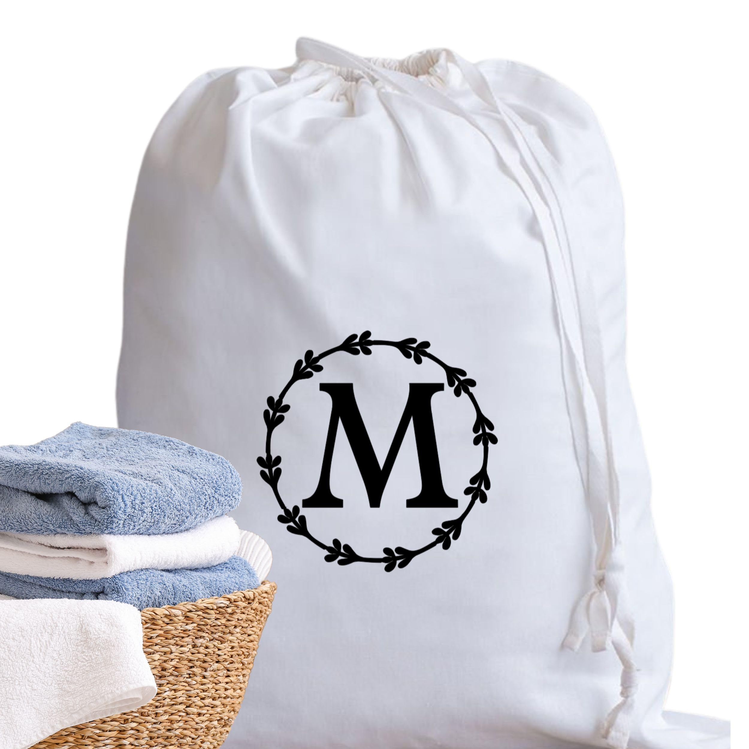 A-Z Cotton Laundry Bag Personalised Initial Gifts - Holiday Essentials Bathroom Accessory Dry Bag Drawstring Bags for Travel Camping University Essentials Personalised Gift Monogram M