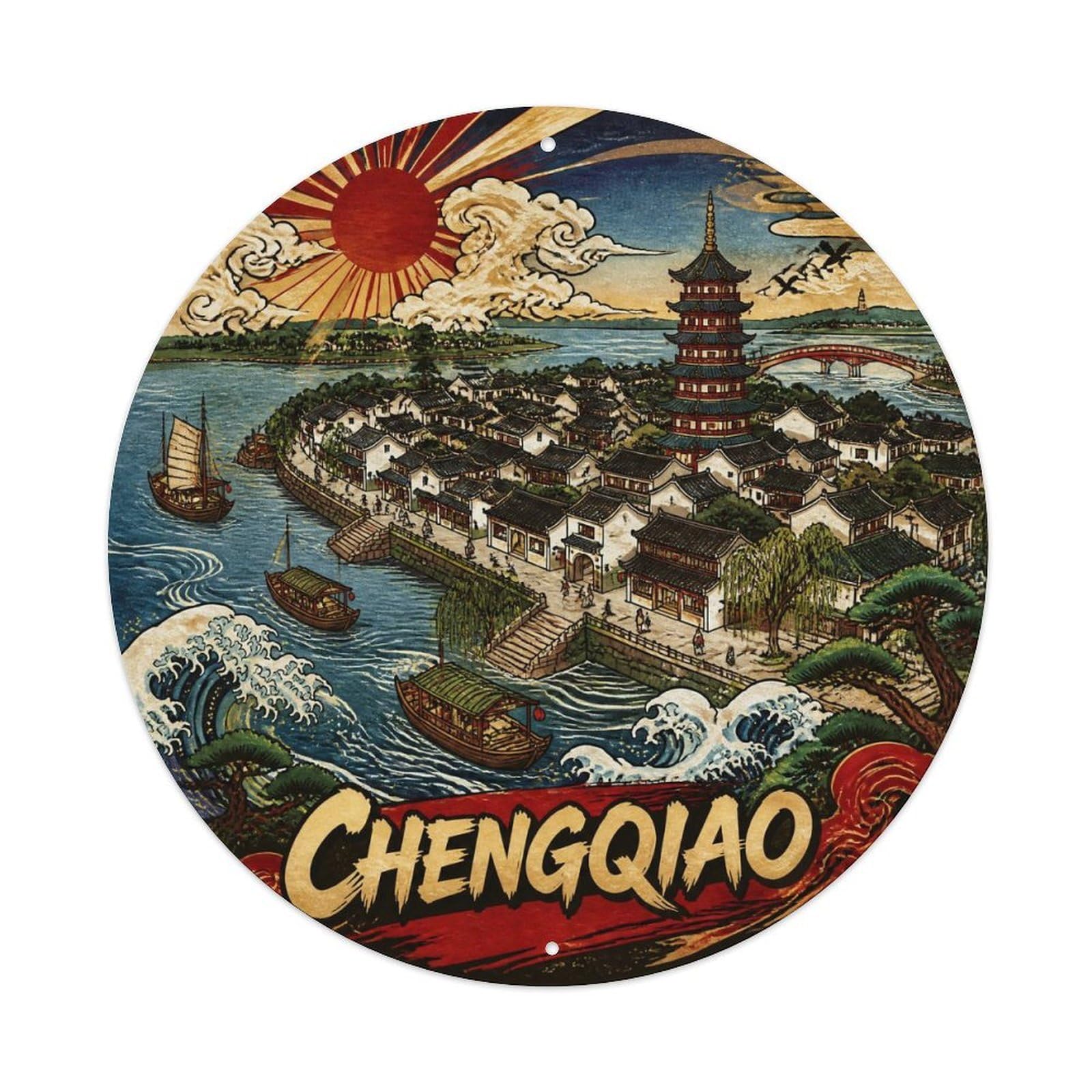 Okngb Style Shanghai Chengqiao Town Monochrome Map Graphic Route Metal Tin Sign Plaque Wall Decor For Cafe, Man Cave, Club Bar, Office, Home Garden Round Metal Poster 8X8inch