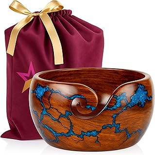 Wooden Yarn Bowl for Crocheting, 7x4in Large Crochet Holder Gift Accessories and Knitting Gadgets Supplies Handcrafted with Fractal Wood Burning & Blue Resin Inlay ( Blue 7x4 )