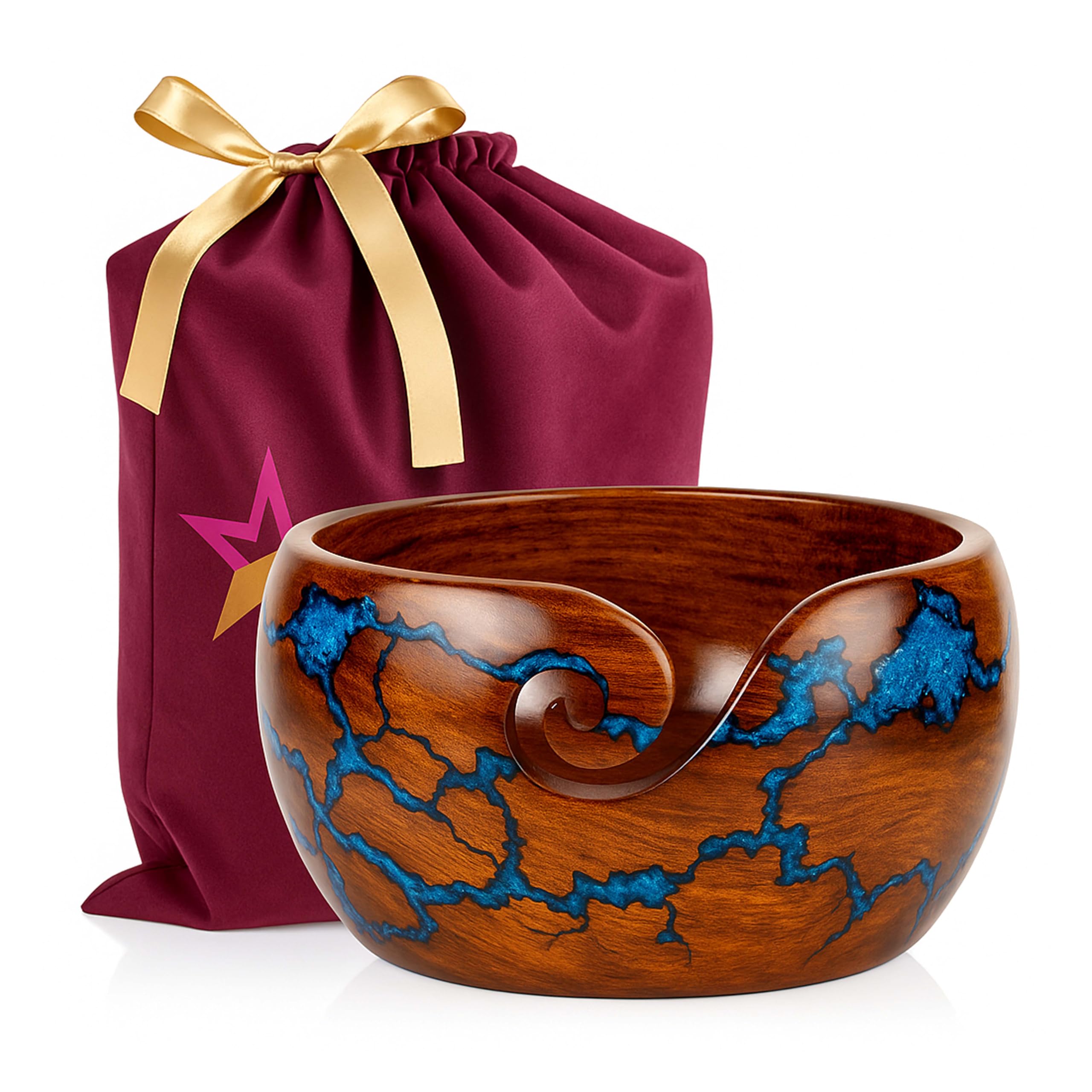 Wooden Yarn Bowl for Crocheting, 7x4 inch Large Rosewood Crochet Holder Gift Accessories and Knitting Gadgets Supplies Handcrafted with Fractal Wood Burning &amp; Blue Resin Inlay ( Blue 7x4 )