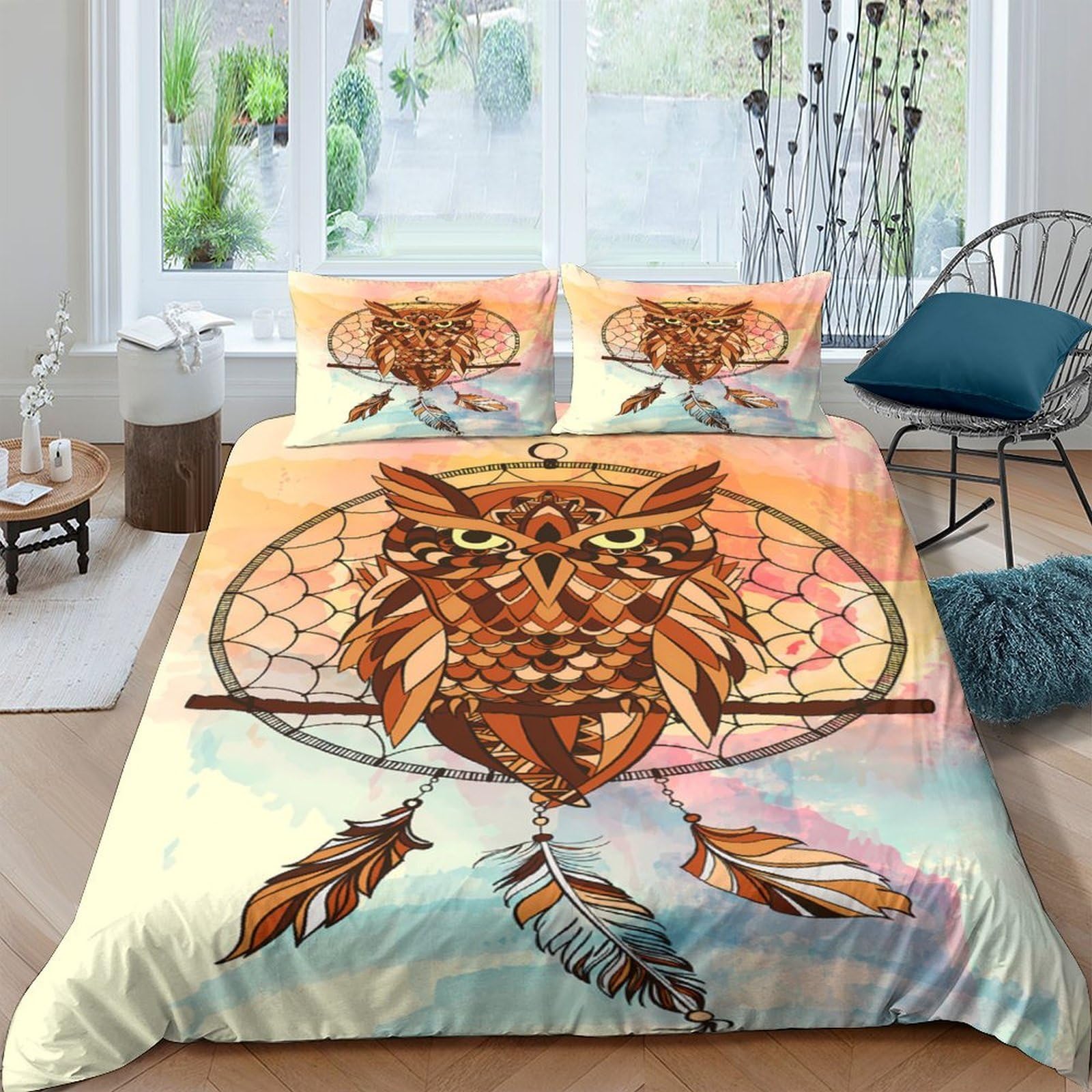 Ctjqhvkz Style-2 3D Printed Owl Dreamcatcher Fitted Sheet Microfiber Soft Breathable Feather Bed Cover For Bedroom Dorm Decor Protection Single（135X200cm）