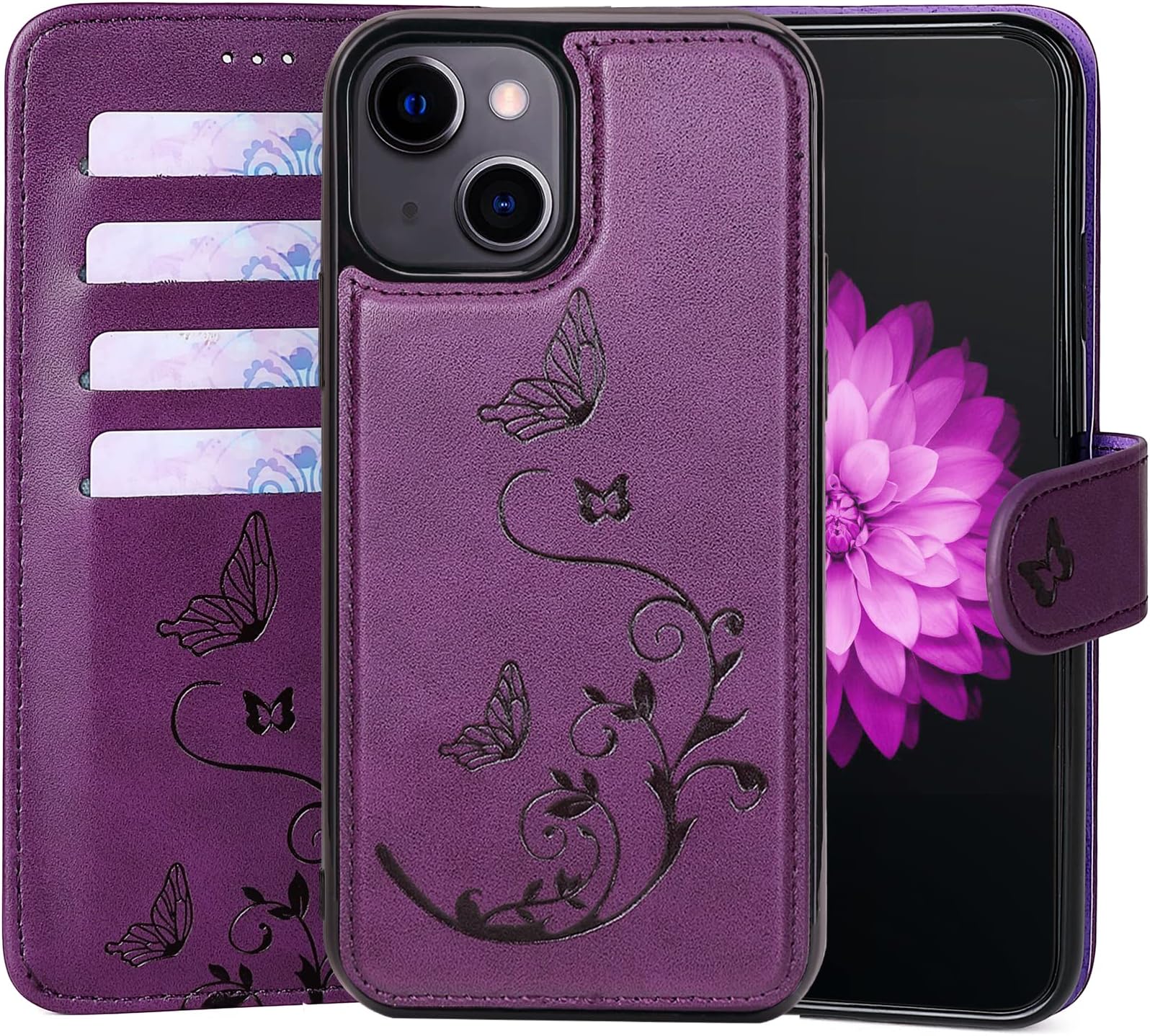 WaterFox iPhone 14 Wallet Leather Case with 2 in 1 Detachable Cover, Women's RFID Blocking Case with 4 Card Slots & Wrist Strap Case - Purple