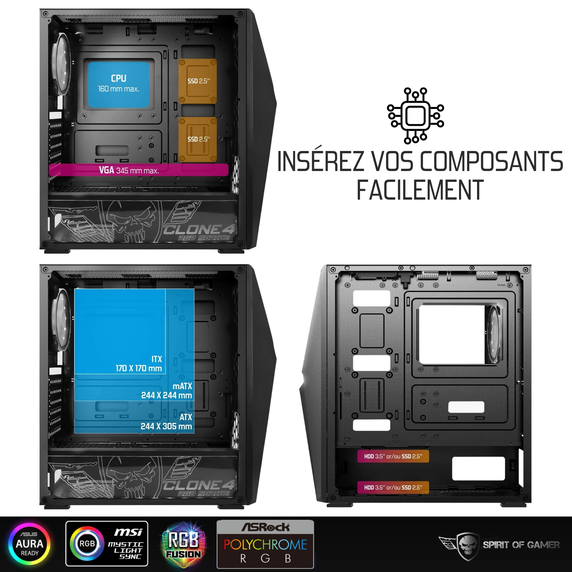 Spirit Of Gamer - Clone 4 - Boitier PC Gamer RGB avec Paroi Transparente en Verre Trempé - Créez Votre PC Gaming - Tour Moyen Compatible ATX/MATX/ITX - 2 Ventilateurs 120mm Adressable Inclus (Noir)
