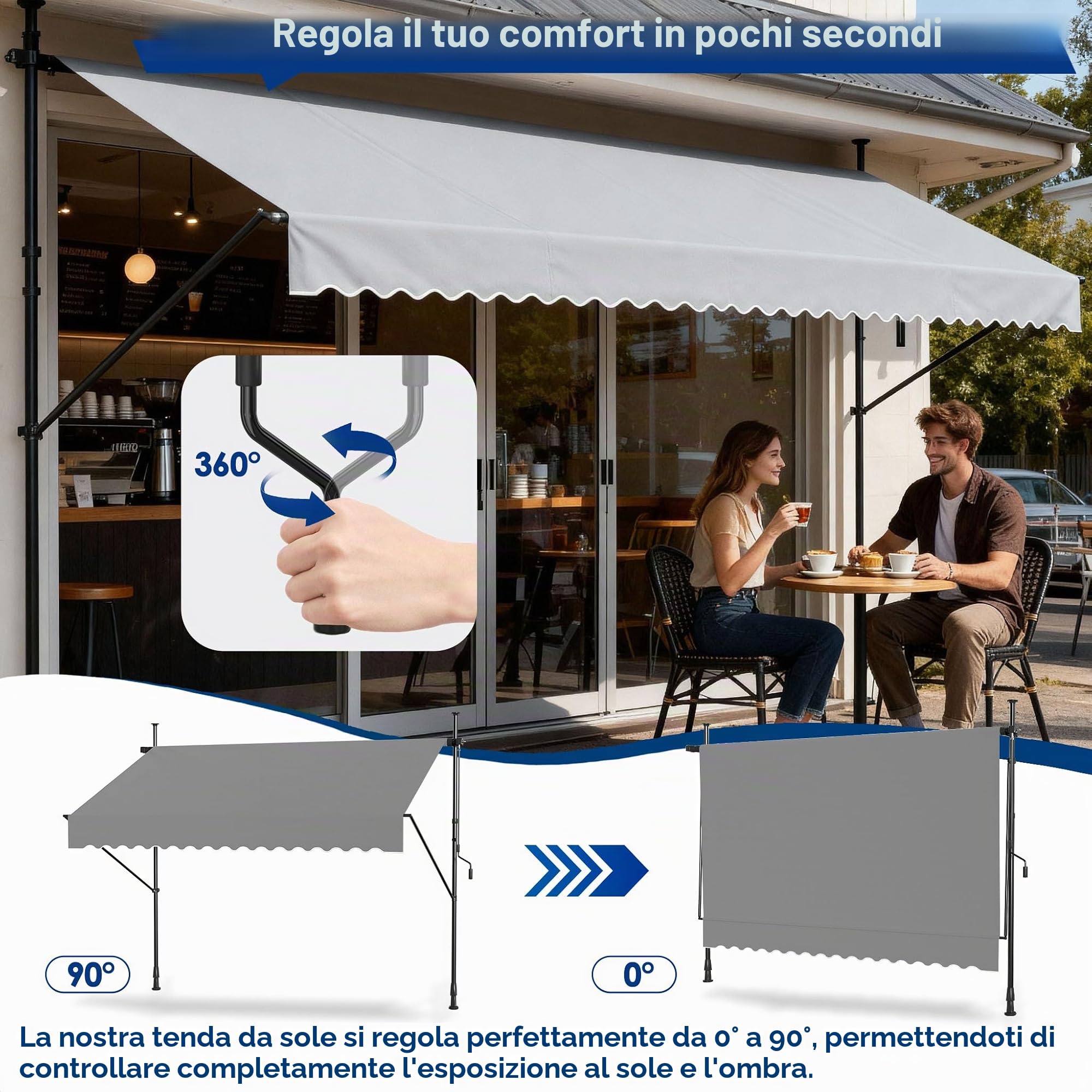 Tenda da sole con morsetto, per balcone, senza foratura, regolabile in altezza, resistente ai raggi UV, impermeabile con manovella (250 cm di larghezza, grigio chiaro)