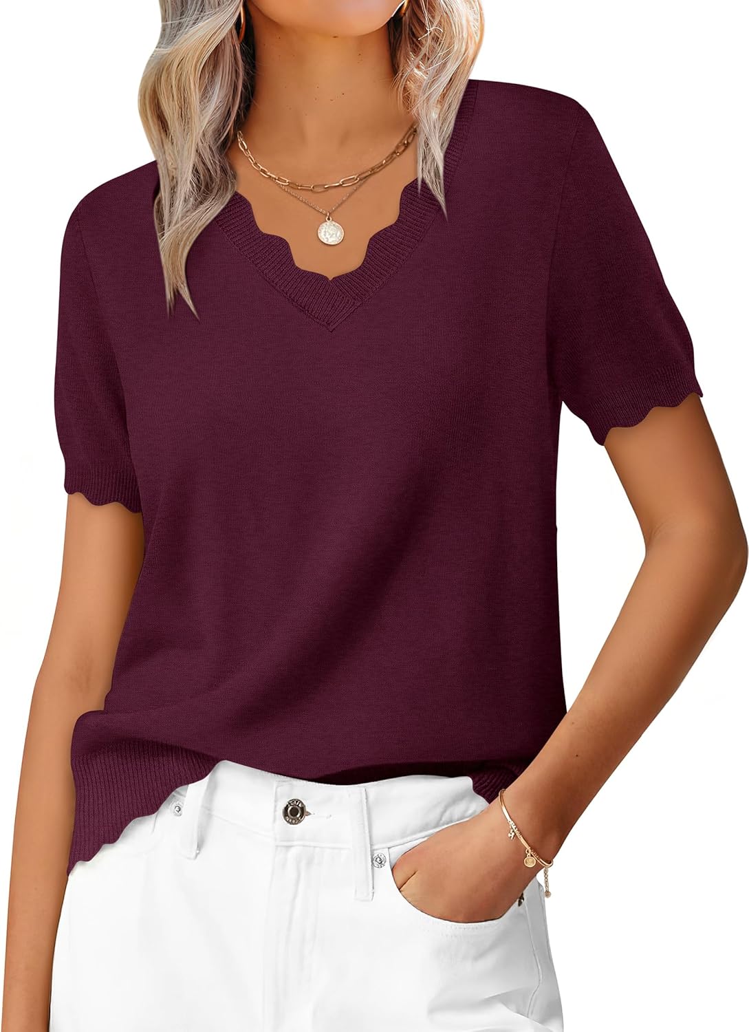 ANRABESS Women's Short Sleeve Sweater V Neck Ribbed Knit Lightweight Sweaters Tops 2026 Spring Summer Business Casual Outfits