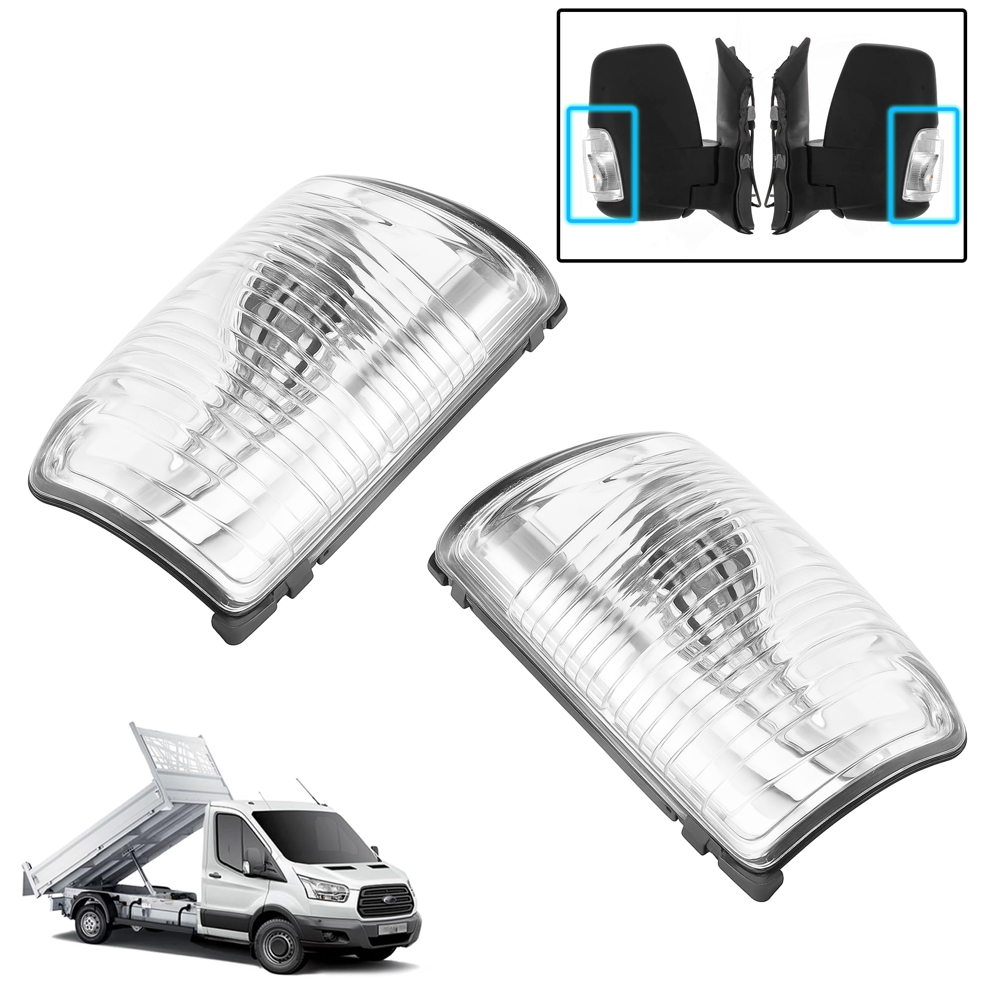 Coppia di indicatori di direzione per specchietto laterale sinistro e destro, per Ford Transit MK8 2014-2019 | OEM 1847387, 1847389, BK3113B382AB, BK3113B381AB | Transit Van, ribaltabile