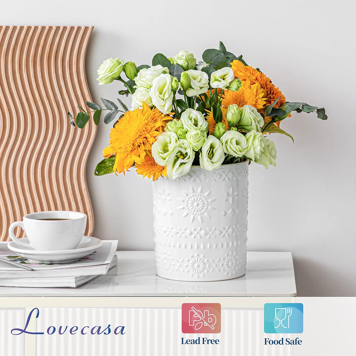 LOVECASA 7.2" Ceramic Utensil Holder, Farmhouse Countertop Crock, White
