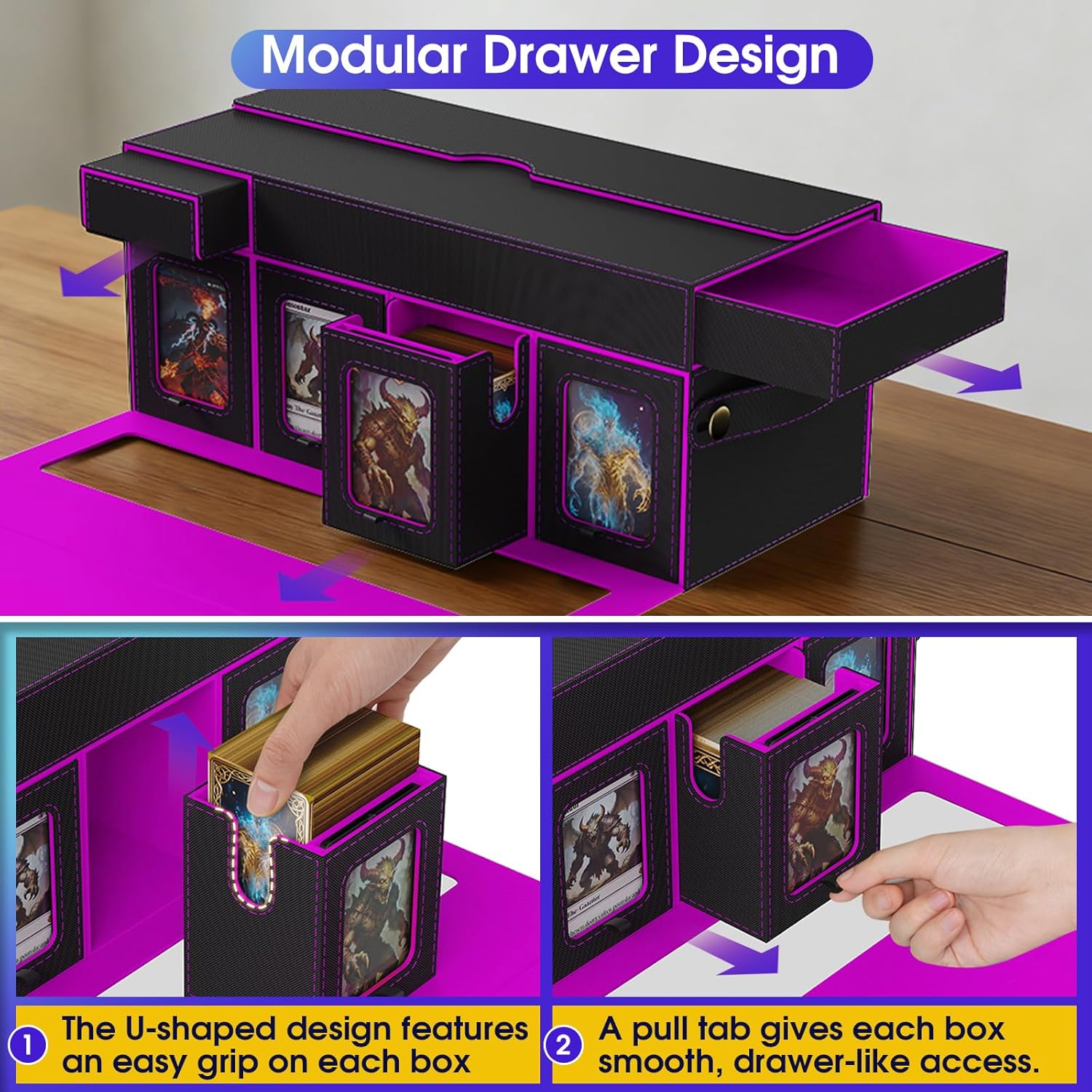 Cortile Commander Deck Box for MTG, 10 IN 1 Card Deck Box with 8-Deck Modular Card Case and 2 Dice Trays Holds 1040+ Double-sleeved Cards, Removable MTG Deck Box with Handle for TCG/EDH, Black Purple
