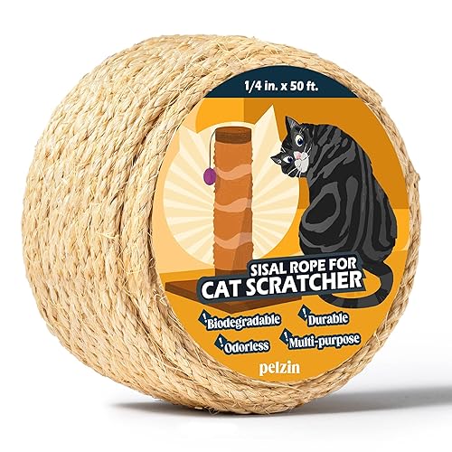 Pelzin Natural Sisal Rope for Cat Scratcher 1/4 Inch by 50 Feet, Cat Tree Rope Twine for Cat Scratching Post Replacement, Cat Tower with Scratch Post Repairing, Replace, Recovering and DIY, Natural - 1/4 inch by 50ft - Natural