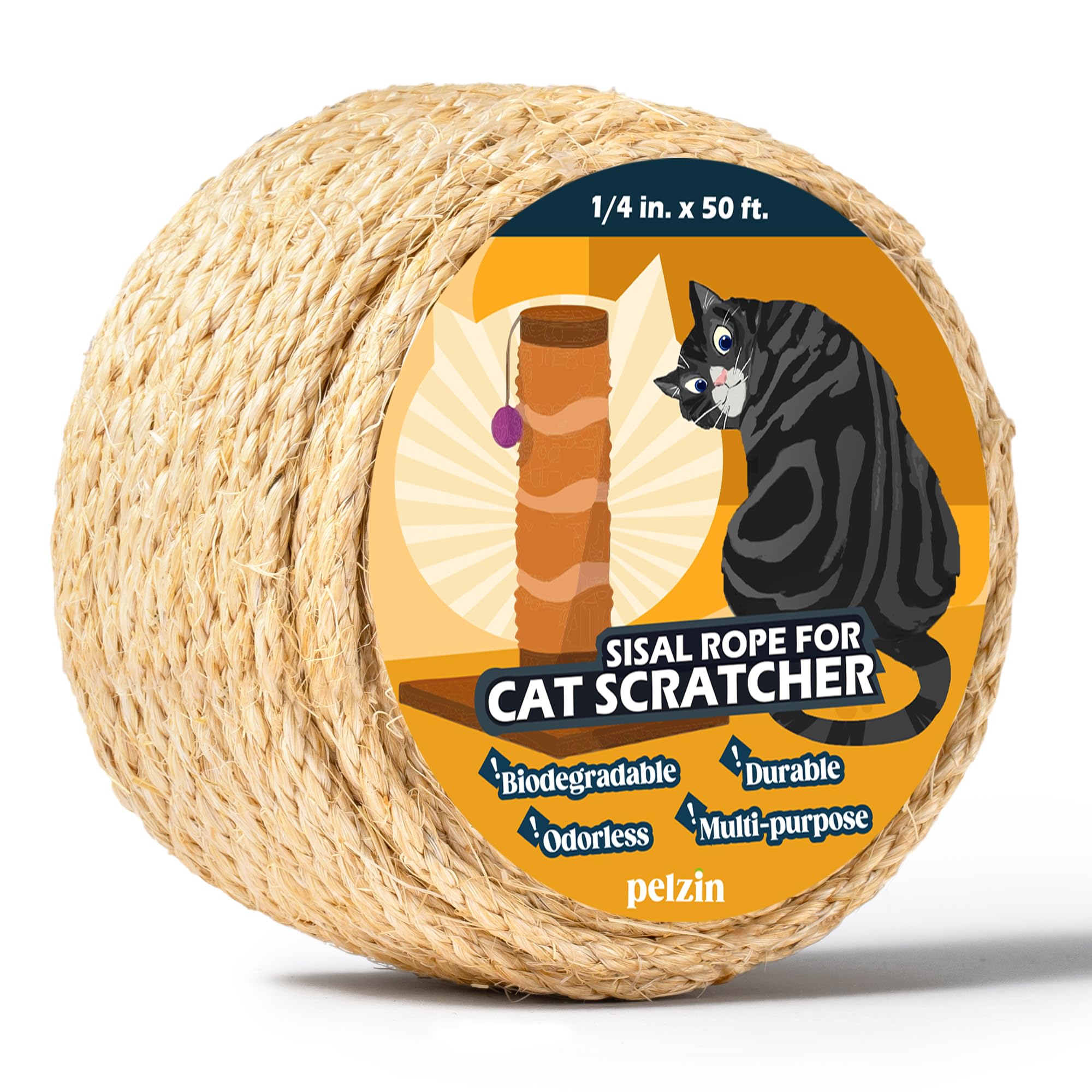 Pelzin Natural Sisal Rope for Cat Scratcher 1/4 Inch by 50 Feet, Cat Tree Rope Twine for Cat Scratching Post Replacement, Cat Tower with Scratch Post