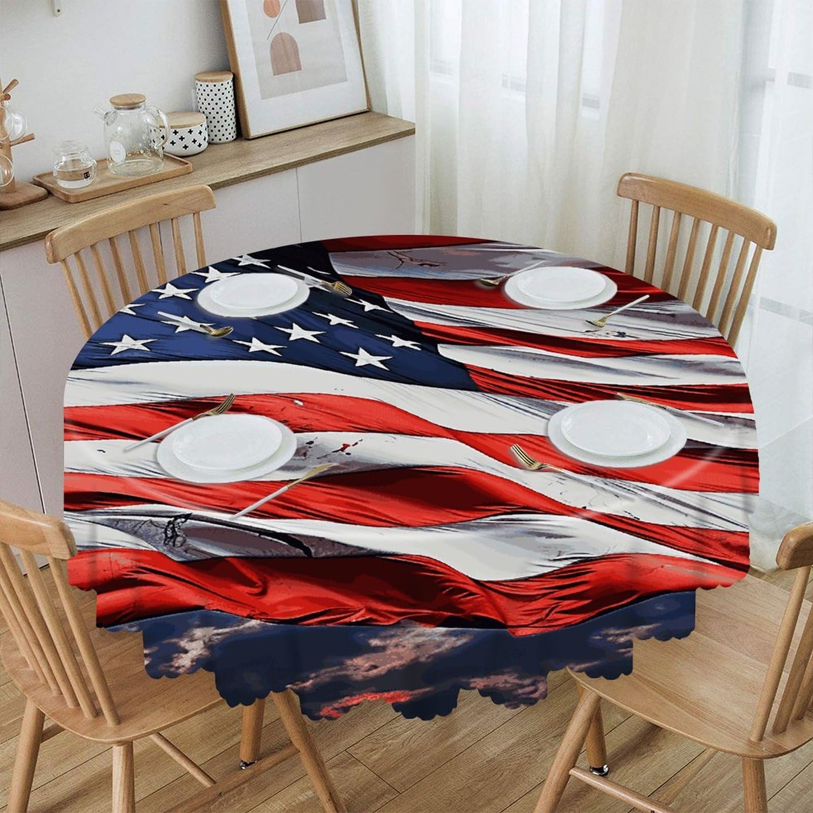 VstaDank US Flag Round Tablecloth 60 Inch Easy to Clean Circle Table Cover Thick Decorative Round Polyester Table Cloth for Dining Kitchen Party Farmhouse Outdoor