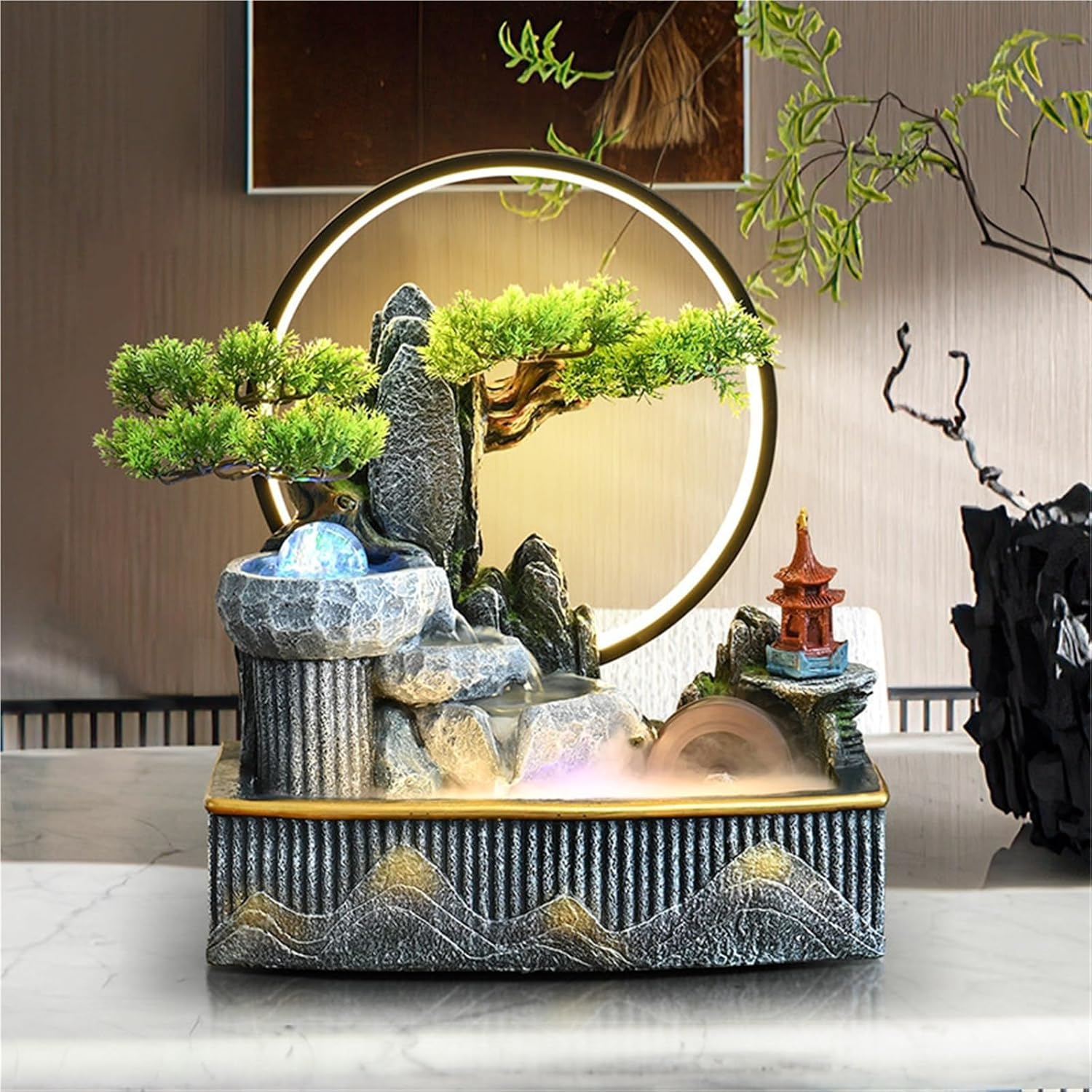 Tabletop Fountain with LED Crystal Ball, Indoor Feng Shui Waterfall Decor for Office Desk, Home Meditation, Relaxation, Wealth and Luck Enhancement Circulating(Small)