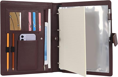 Wonderpool Funda A4 de piel sintética con 4 anillas, portapapeles y bolsillo funcional para organizador, oficina, viajes, escuela (café)