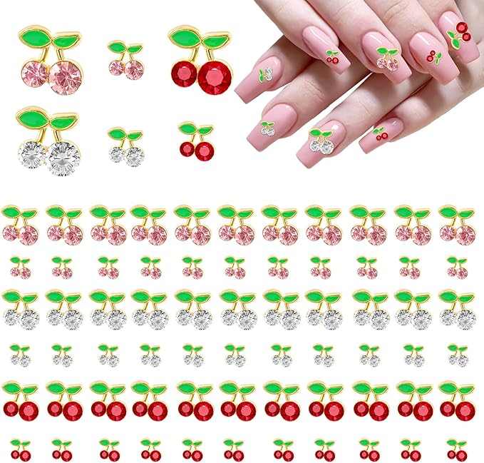 Cherry Nail Charms: 60pcs 3D Alloy Nail Art Rhinestones