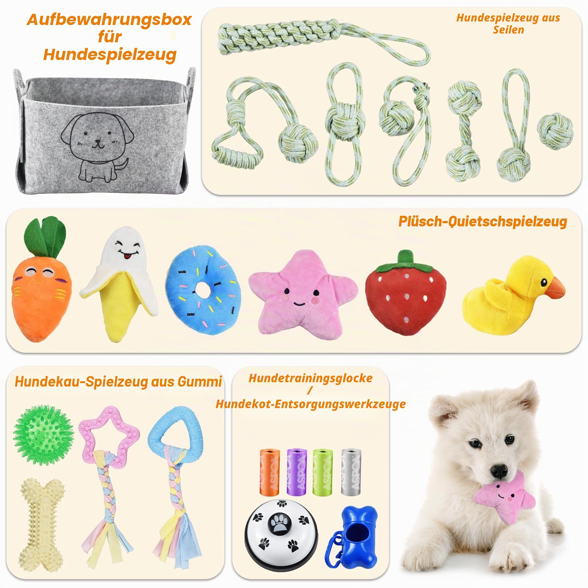 24-Stück Welpenspielzeug-Set, Welpenspielzeug zum Zahnen mit Aufbewahrungsbox, Hundespielzeug und quietschendes Hundespielzeug, Kauspielzeug für kleine und mittelgroße Hunde, zum Spielen