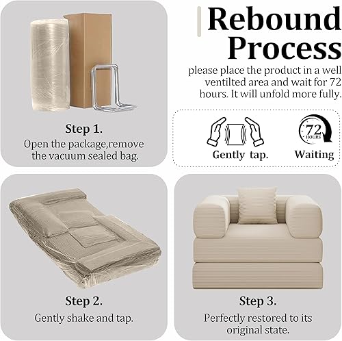 Miniatura 6 de Sofá cama plegable, sofá convertible 2 en 1 para tumbona, cómodo puf individual, portátil, plegable, futón para dormitorio, sala de estar (beige,