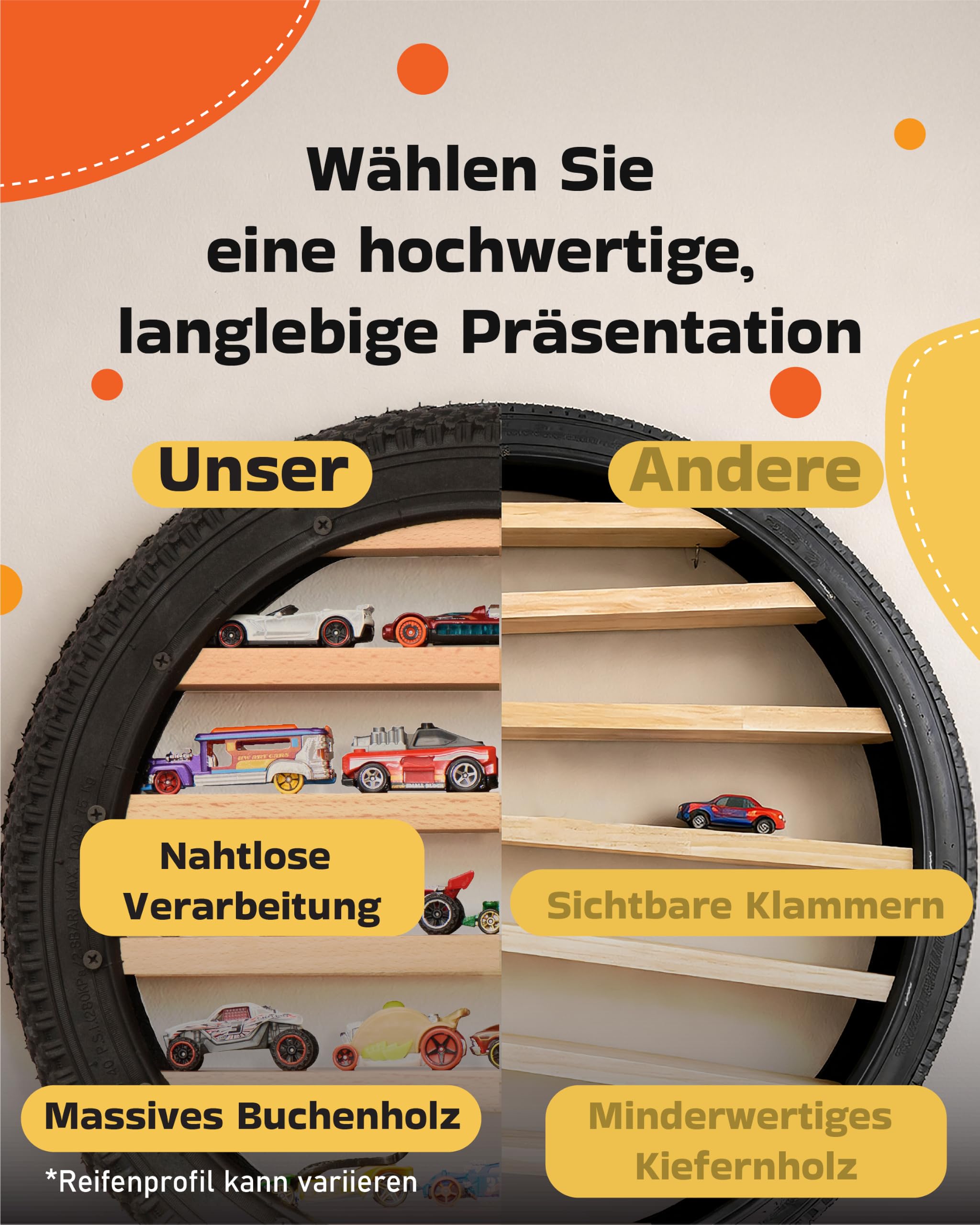 Tapeera Modellauto Vitrine im Reifen-Design – Wandregal für Spielzeugautos – Holz Regal für 18 Diecast Autos im Maßstab 1:64 – kompatibel mit Hot Wheels & Matchbox – Ø 40 cm