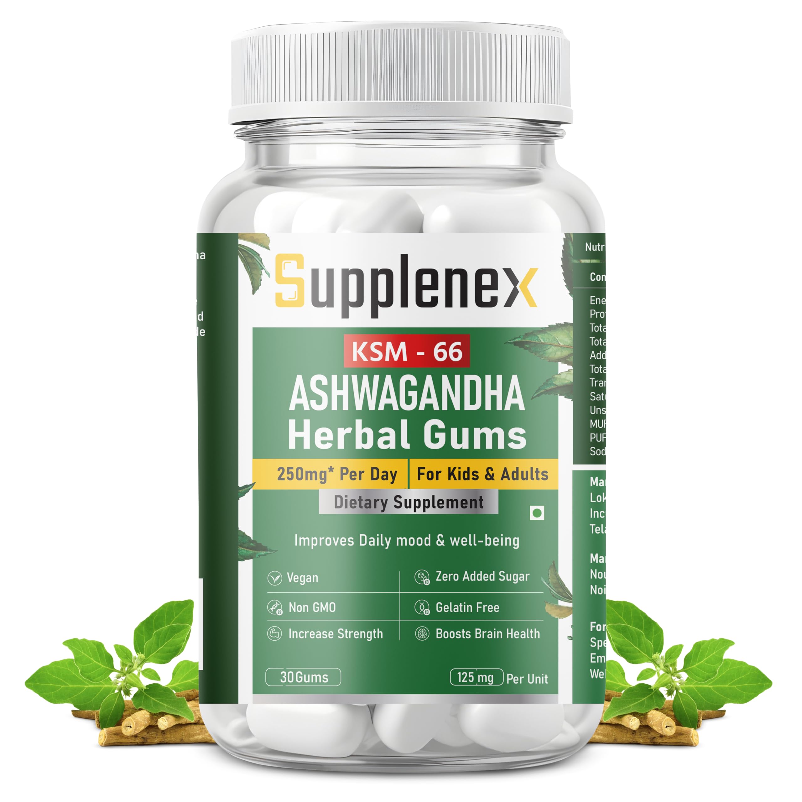 Ashwagandha KSM-66 Chewing Gum for Stress Relief, Energy & Stamina | 250mg Herbal Gum | Sugar Free | 30 Gums