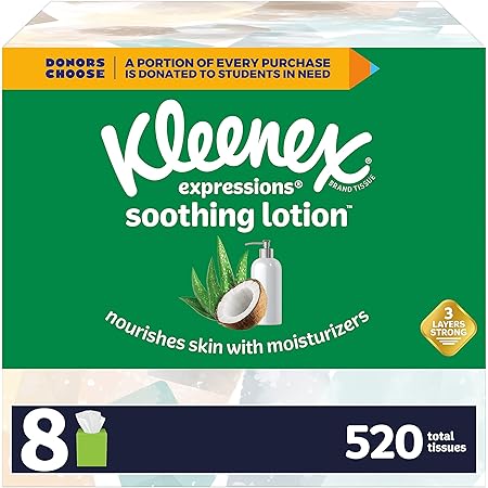 Kleenex Soothing Lotion Facial Tissues with Coconut Oil, Aloe & Vitamin E, 8 Cube Boxes, 65 Tissues Per Box (520 Total Tissues)