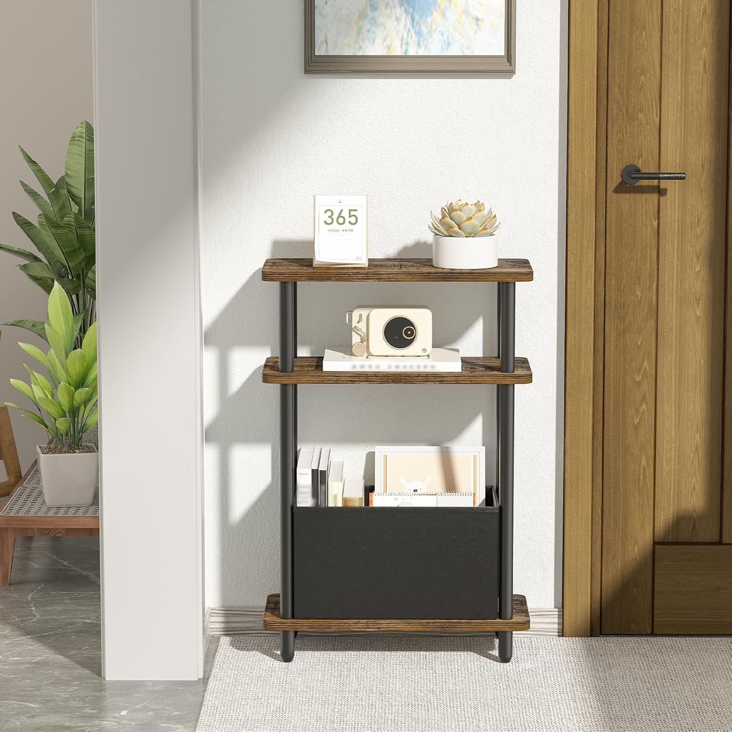 THUMEYE Narrow Side Table with Fabric Basket, 7" Wide, 3 Tier Skinny End Table with Wood Legs, Slim Nightstand/Bedside Table for Small Spaces, with Adjustable Feet, 15.7" L x 23" H