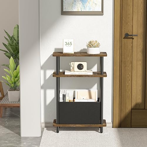 Miniatura 2 de Mesa auxiliar estrecha con cesta de tela, 7 pulgadas de ancho, mesa auxiliar delgada de 3 niveles con patas de madera, mesita de noche delgada para