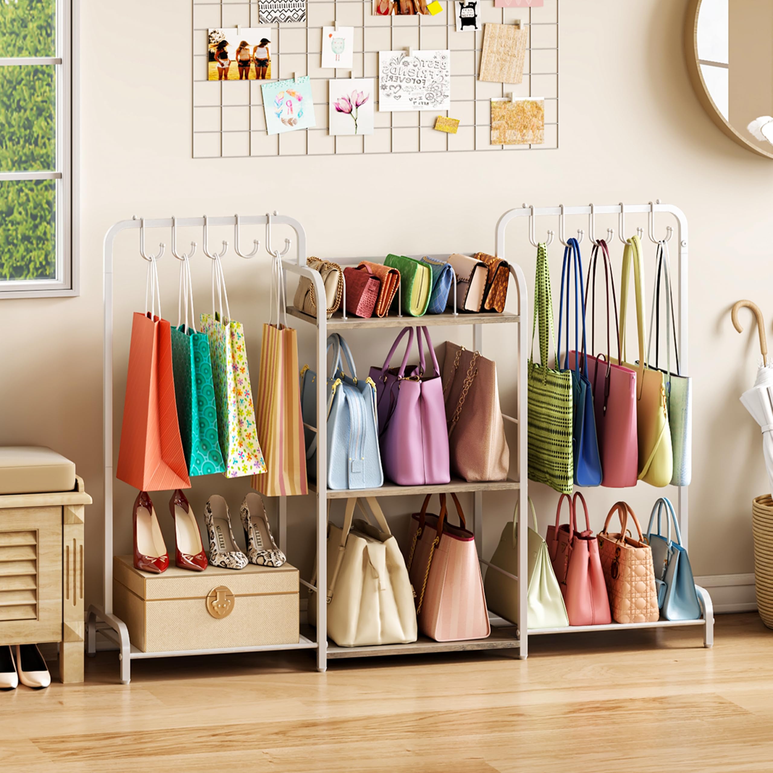 Organizador de bolsos con 2 ganchos para guardar bolsos, organizador de bolsos de alta capacidad con 10 ganchos ajustables y 3 divisores, soporte para bolso para sistema de armario, soporte para bolsa